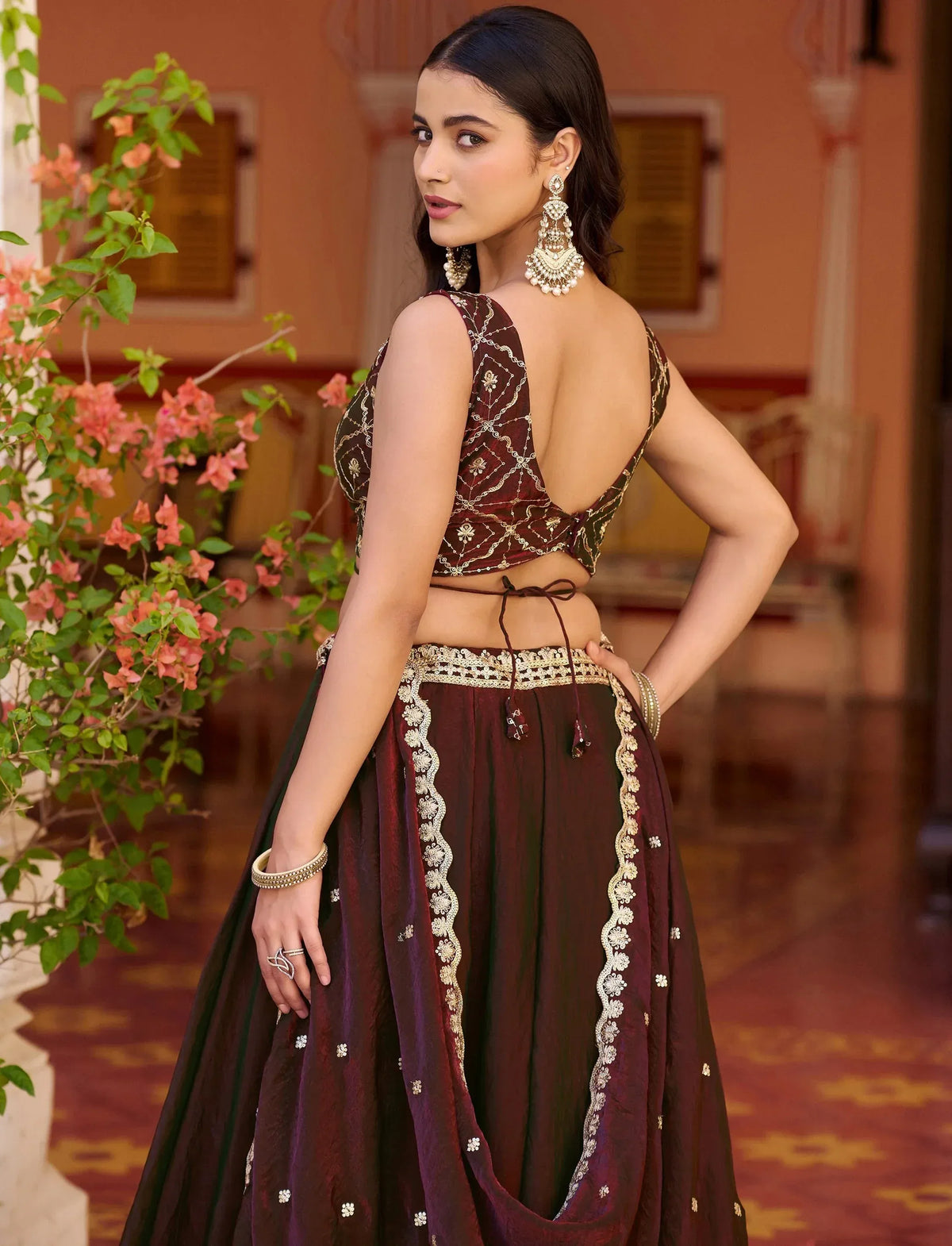 Elegant Brown Thread Embroidered Silk Festival Wear Lehenga Choli
