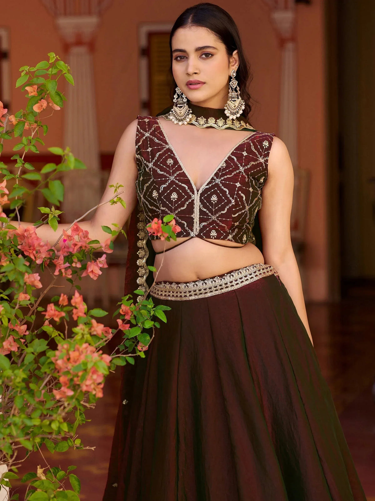 Elegant Brown Thread Embroidered Silk Festival Wear Lehenga Choli