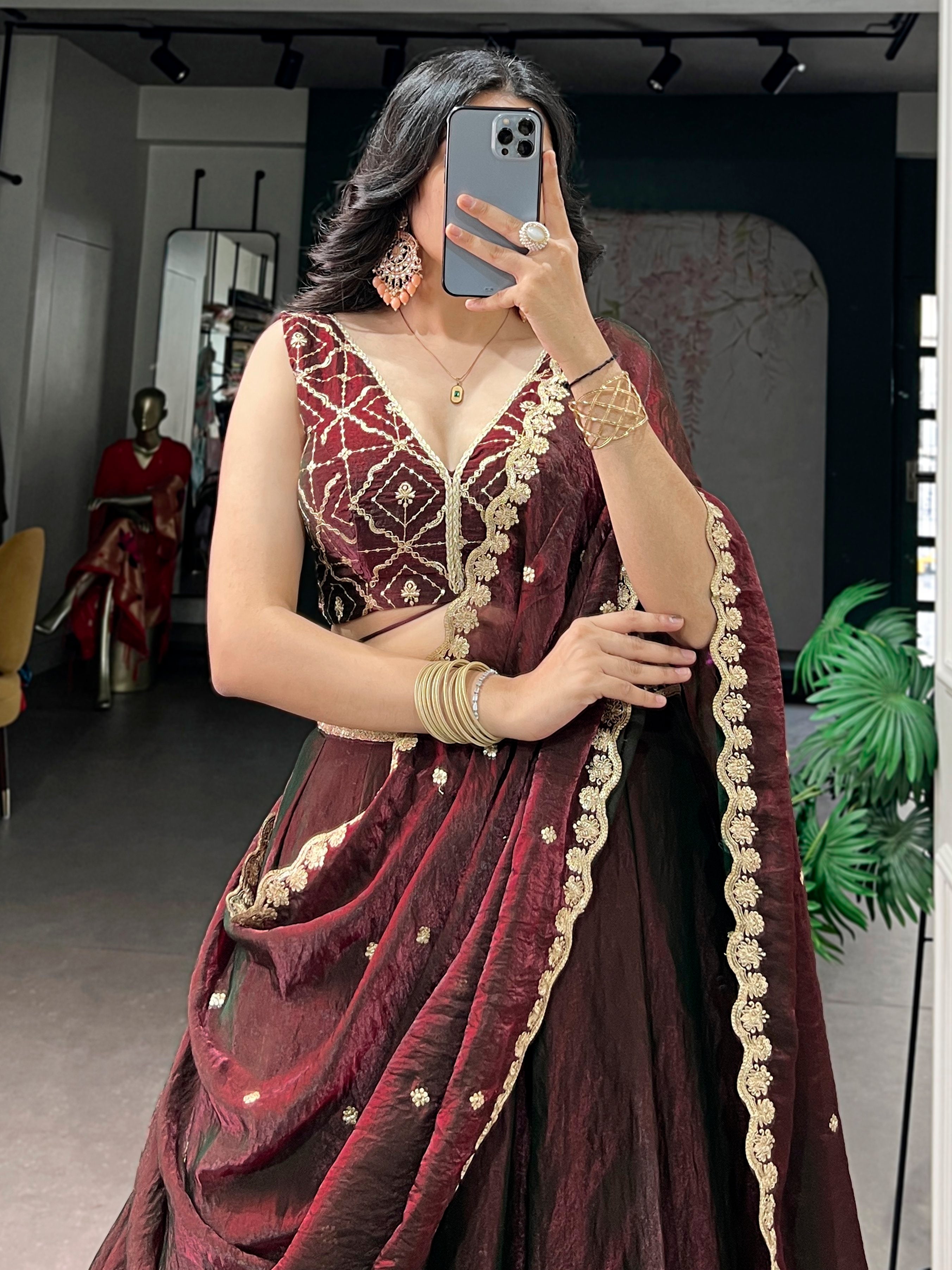 Fashionable Maroon Sequins Silk Engagement Wear Lehenga With Blouse