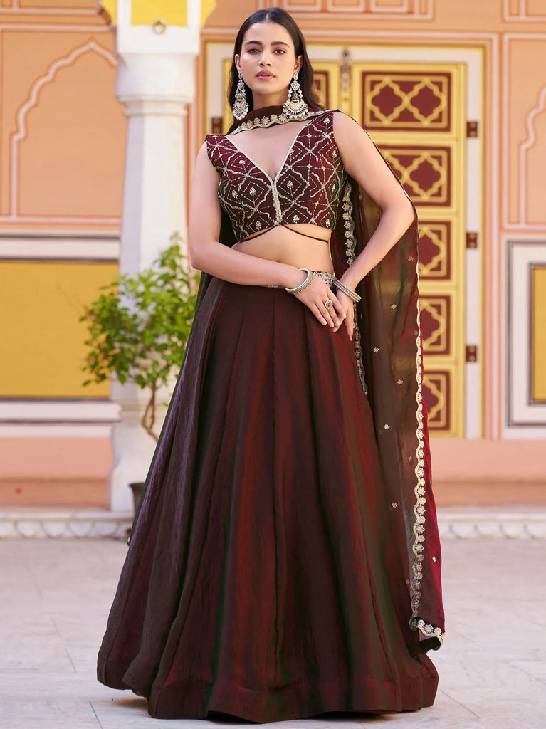 Elegant Brown Thread Embroidered Silk Festival Wear Lehenga Choli