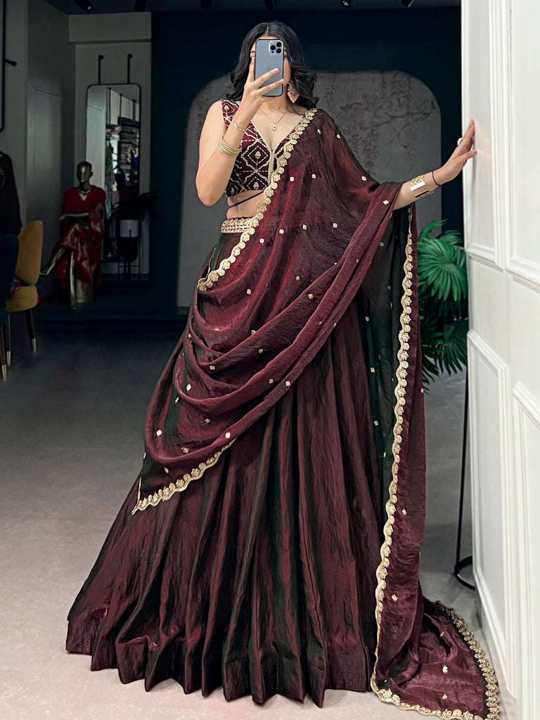 Fashionable Maroon Sequins Silk Engagement Wear Lehenga With Blouse