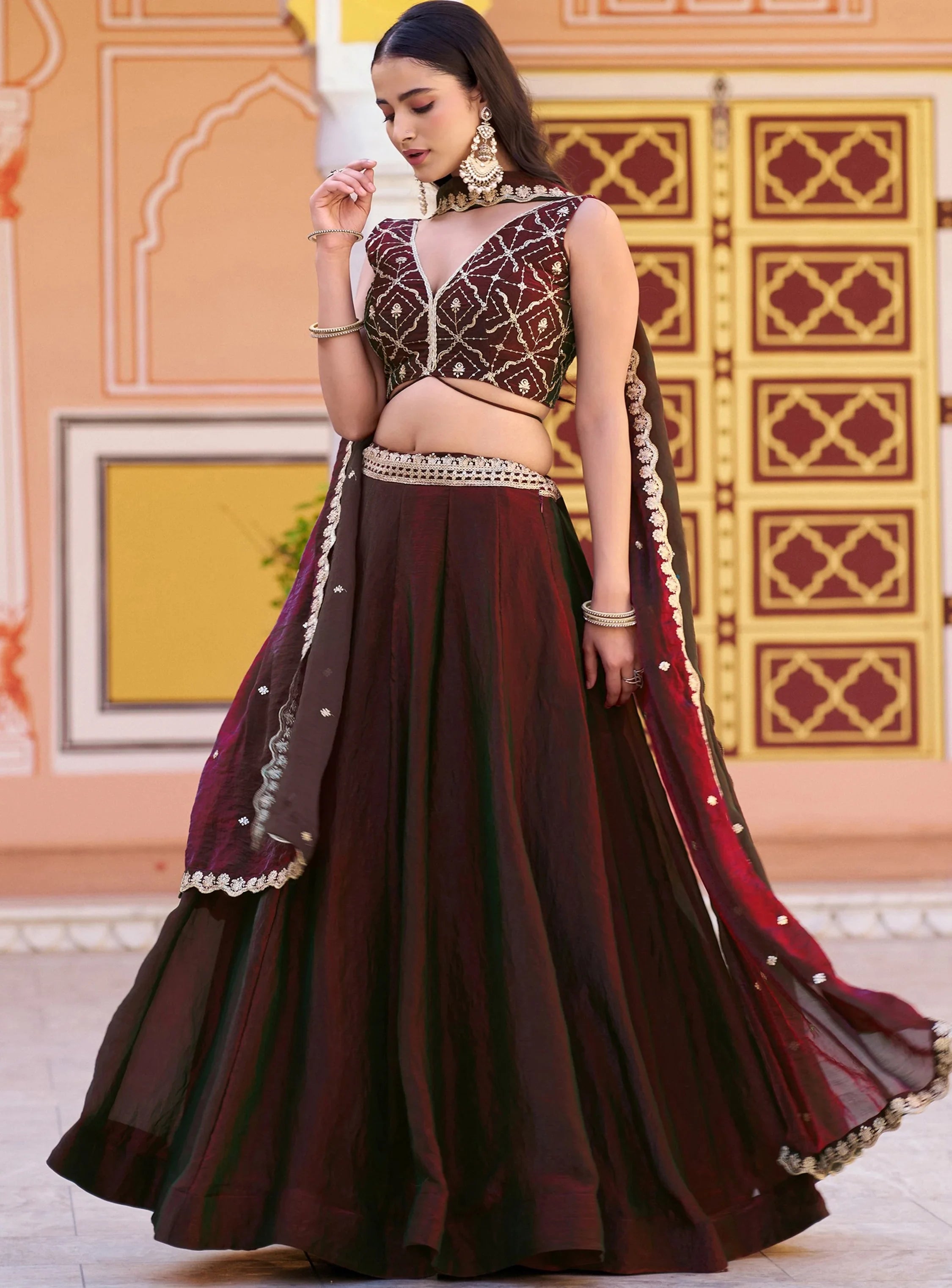 Elegant Brown Thread Embroidered Silk Festival Wear Lehenga Choli