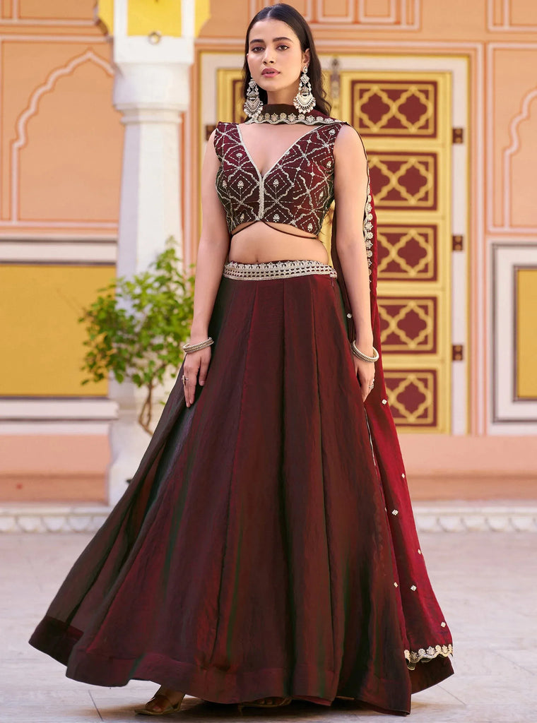 Elegant Brown Thread Embroidered Silk Festival Wear Lehenga Choli