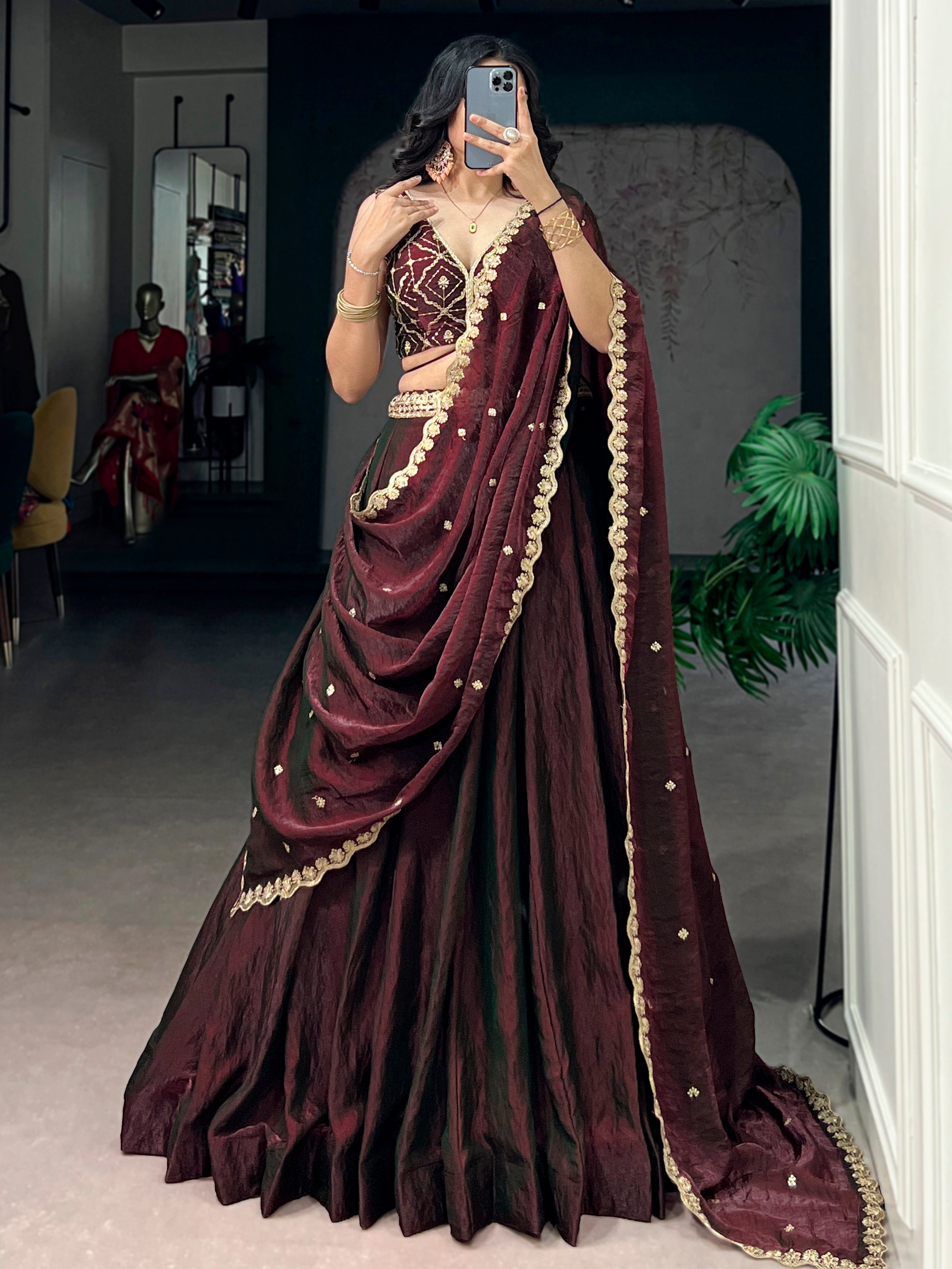 Fashionable Maroon Sequins Silk Engagement Wear Lehenga With Blouse