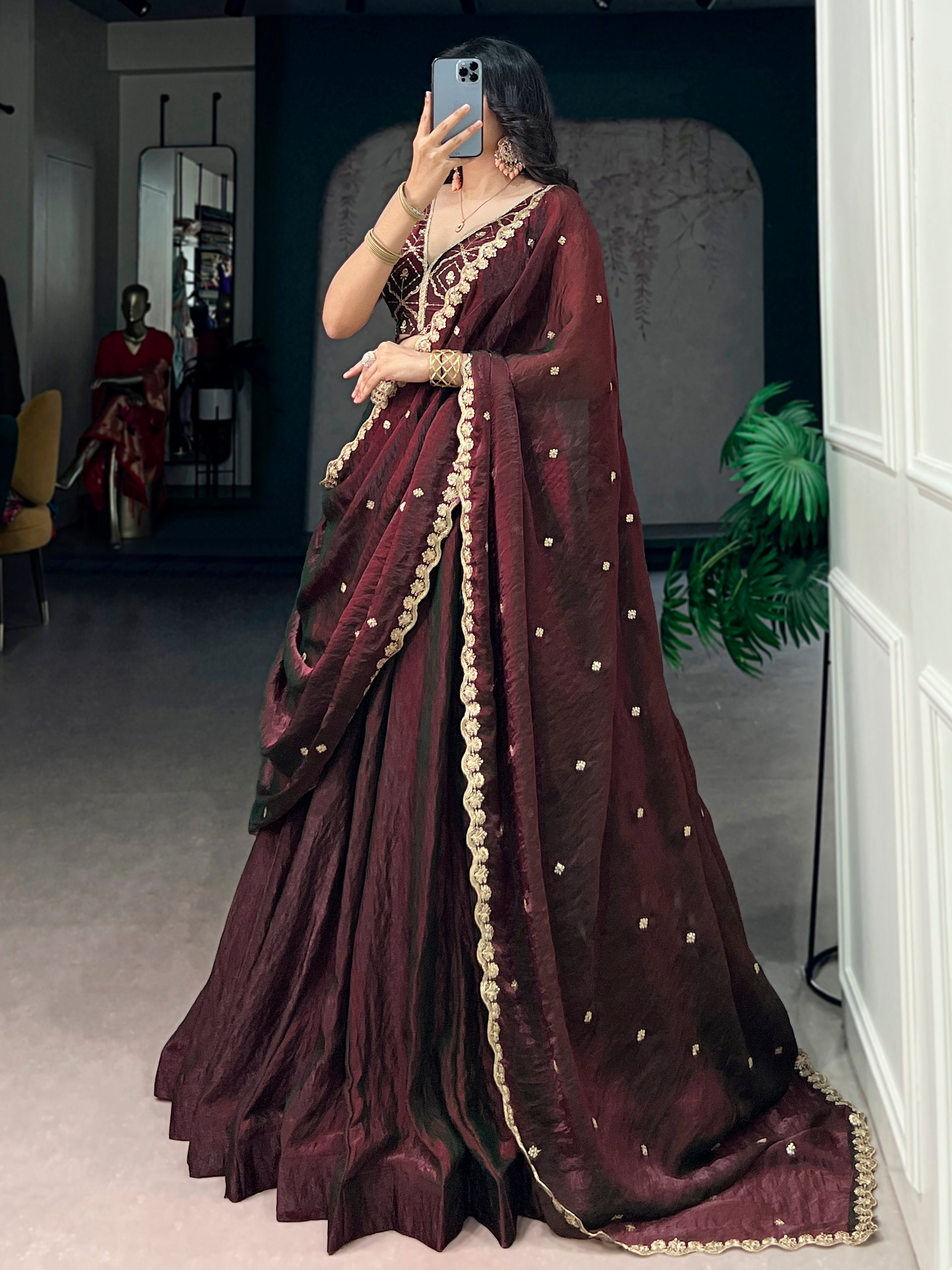Fashionable Maroon Sequins Silk Engagement Wear Lehenga With Blouse