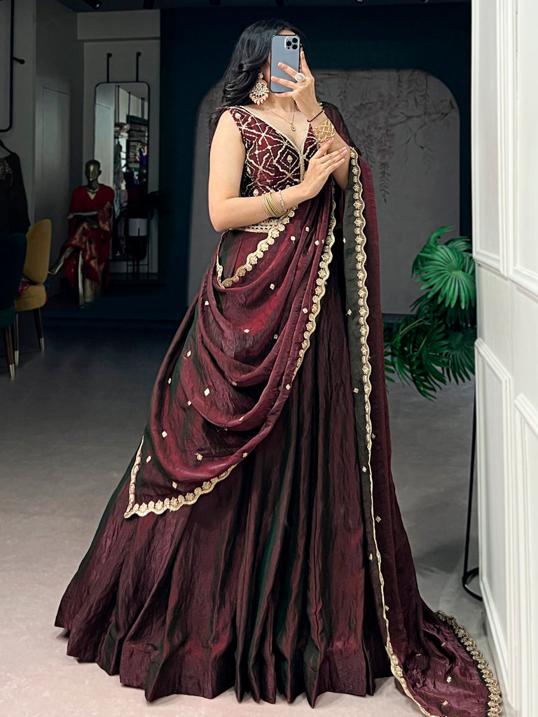 Fashionable Maroon Sequins Silk Engagement Wear Lehenga With Blouse