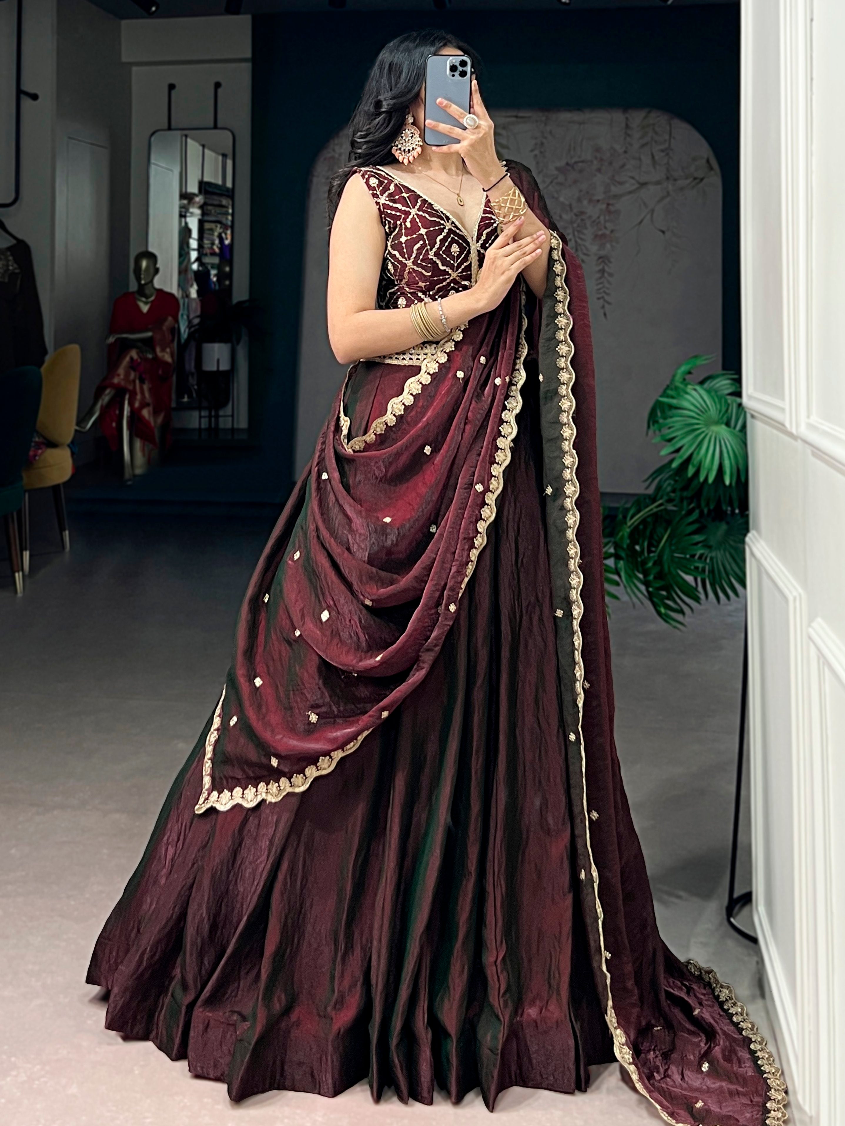 Fashionable Maroon Sequins Silk Engagement Wear Lehenga With Blouse