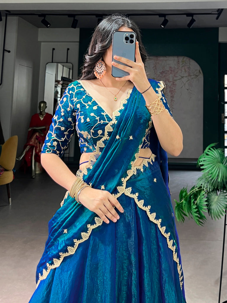 Rich Teal Blue Thread Work Silk Traditional Lehenga Choli With Dupatta