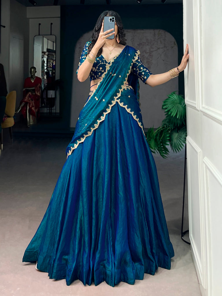 Rich Teal Blue Thread Work Silk Traditional Lehenga Choli With Dupatta