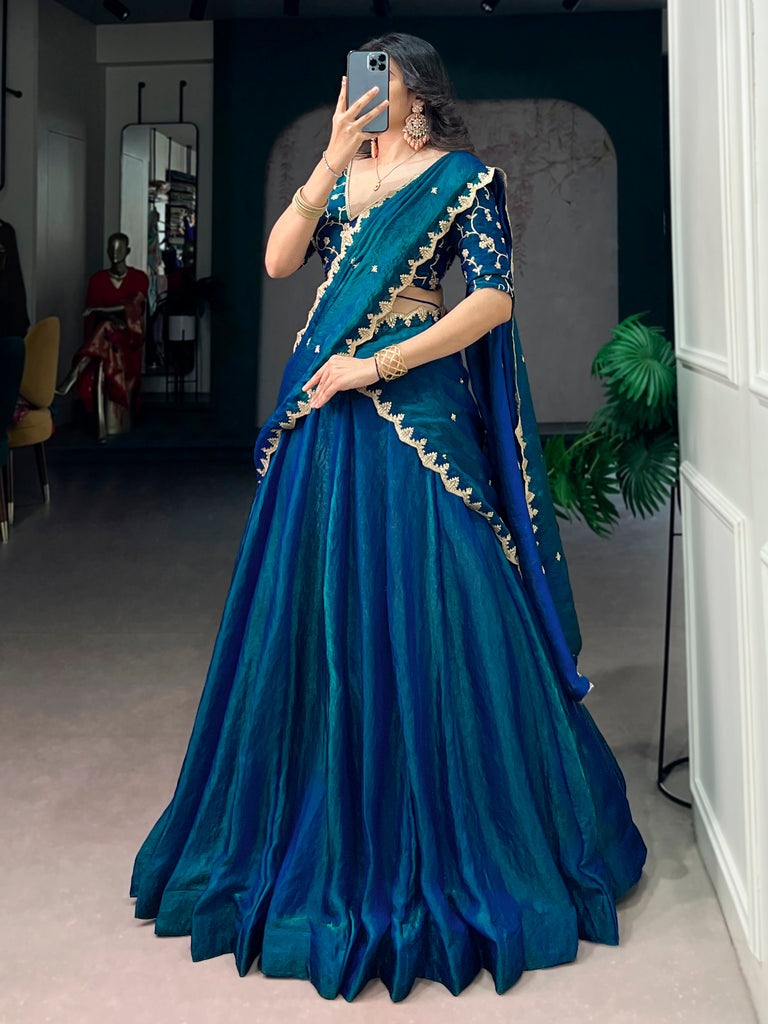 Rich Teal Blue Thread Work Silk Traditional Lehenga Choli With Dupatta