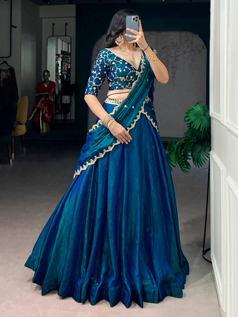Rich Teal Blue Thread Work Silk Traditional Lehenga Choli With Dupatta
