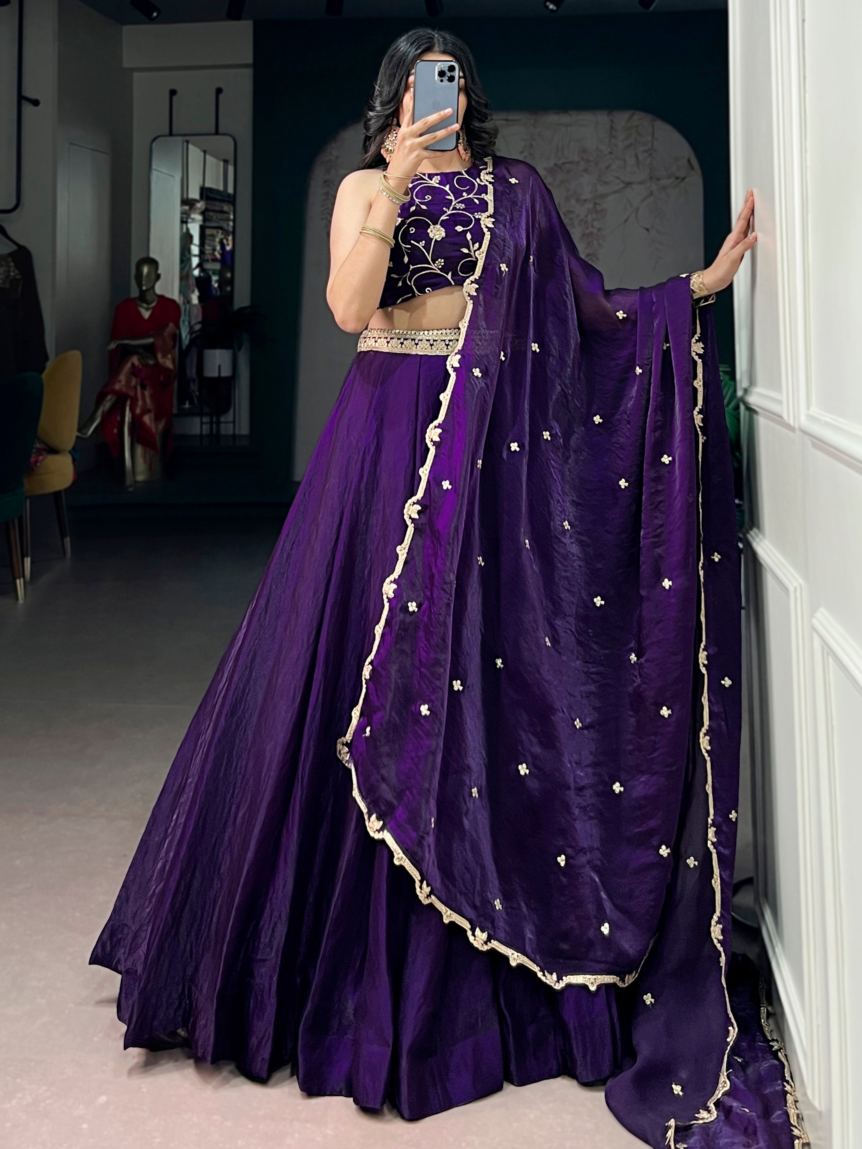 Charming Purple Embroidered Silk Marriage Wear Lehenga Choli