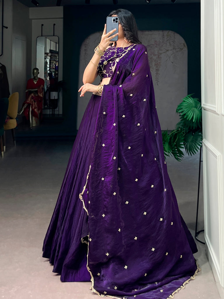 Charming Purple Embroidered Silk Marriage Wear Lehenga Choli