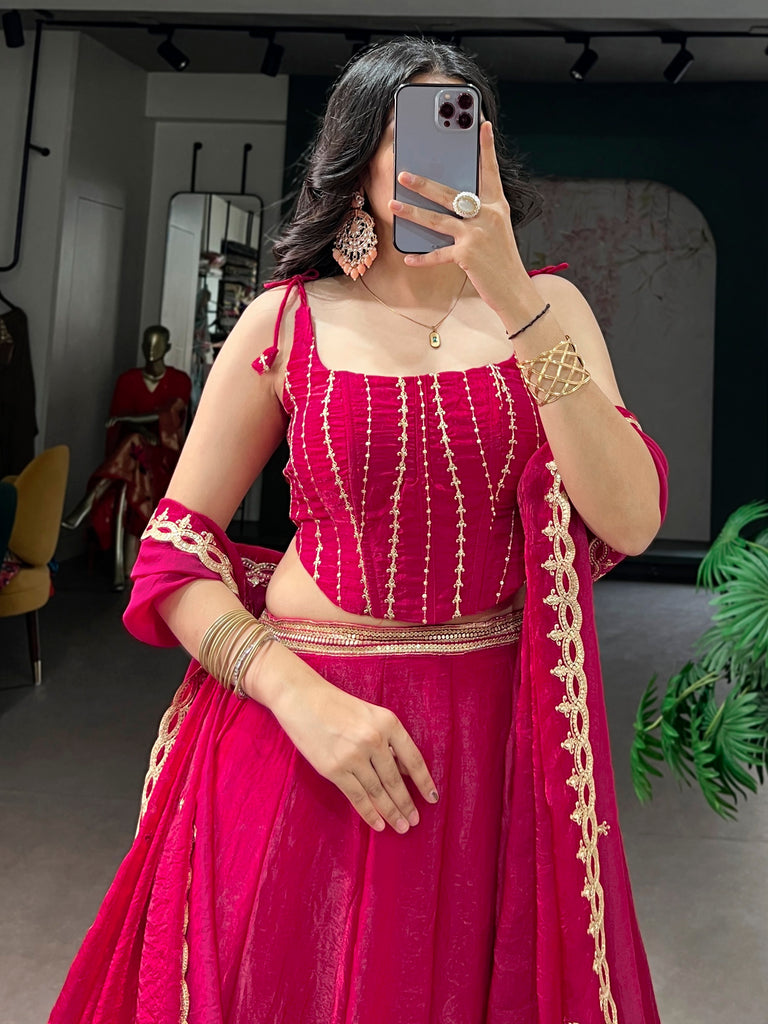 Impressive Pink Sequins Silk Reception Wear Lehenga Choli With Dupatta