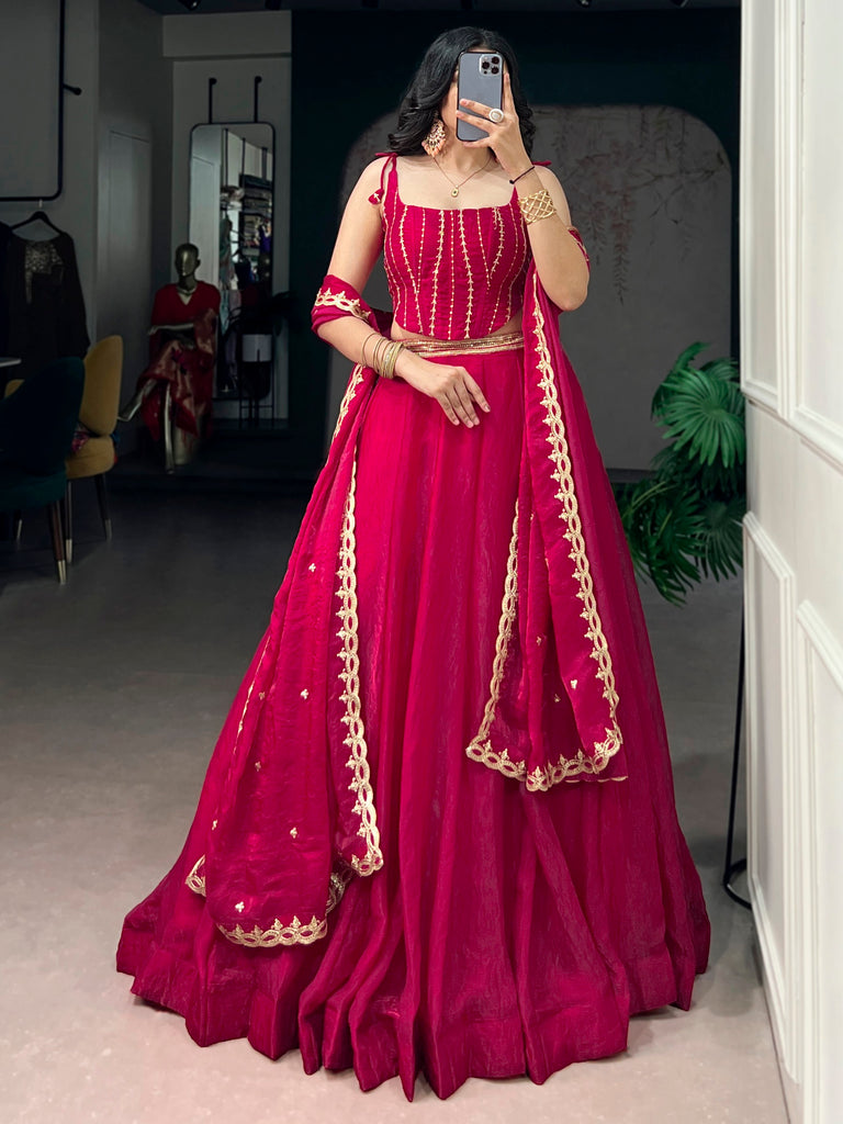 Impressive Pink Sequins Silk Reception Wear Lehenga Choli With Dupatta