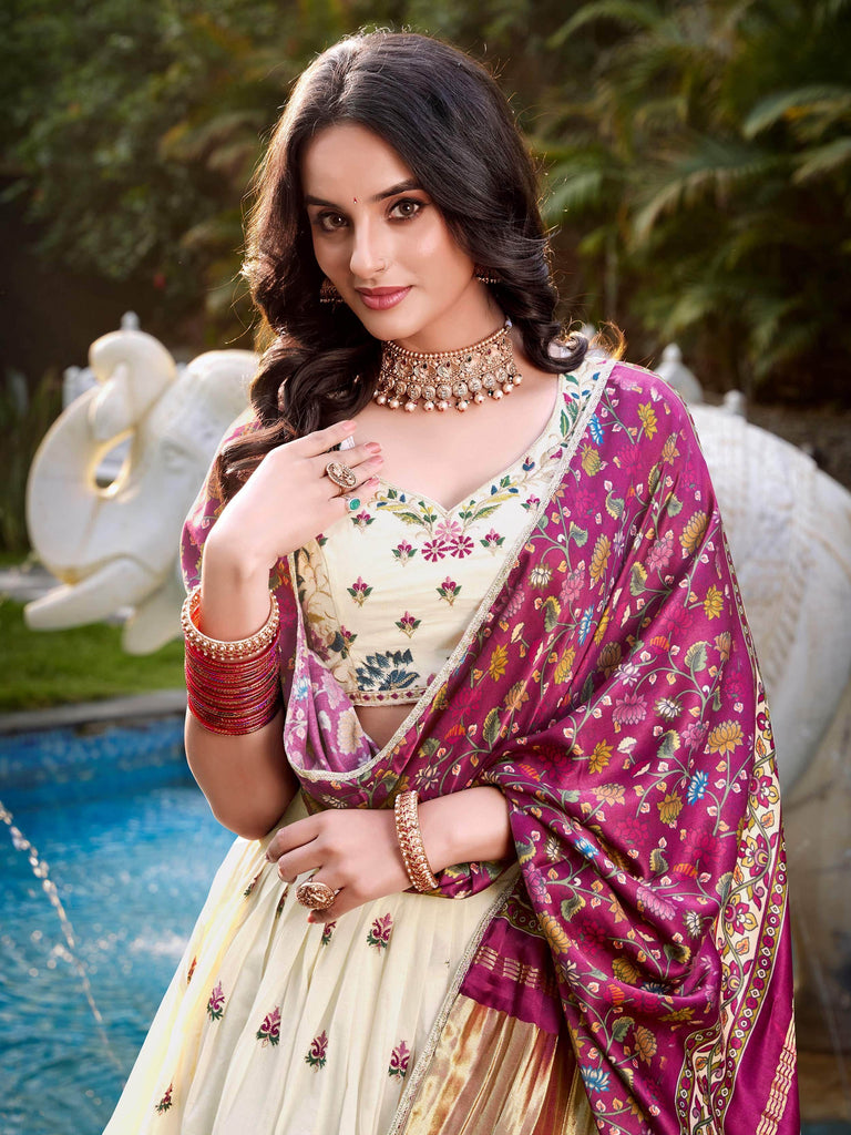Tantalizing Cream Sequins Embroidered Lehenga Choli With Dupatta