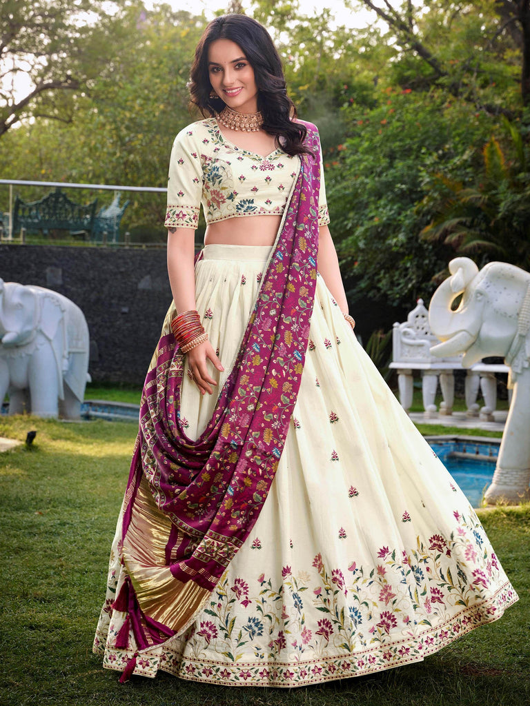 Tantalizing Cream Sequins Embroidered Lehenga Choli With Dupatta