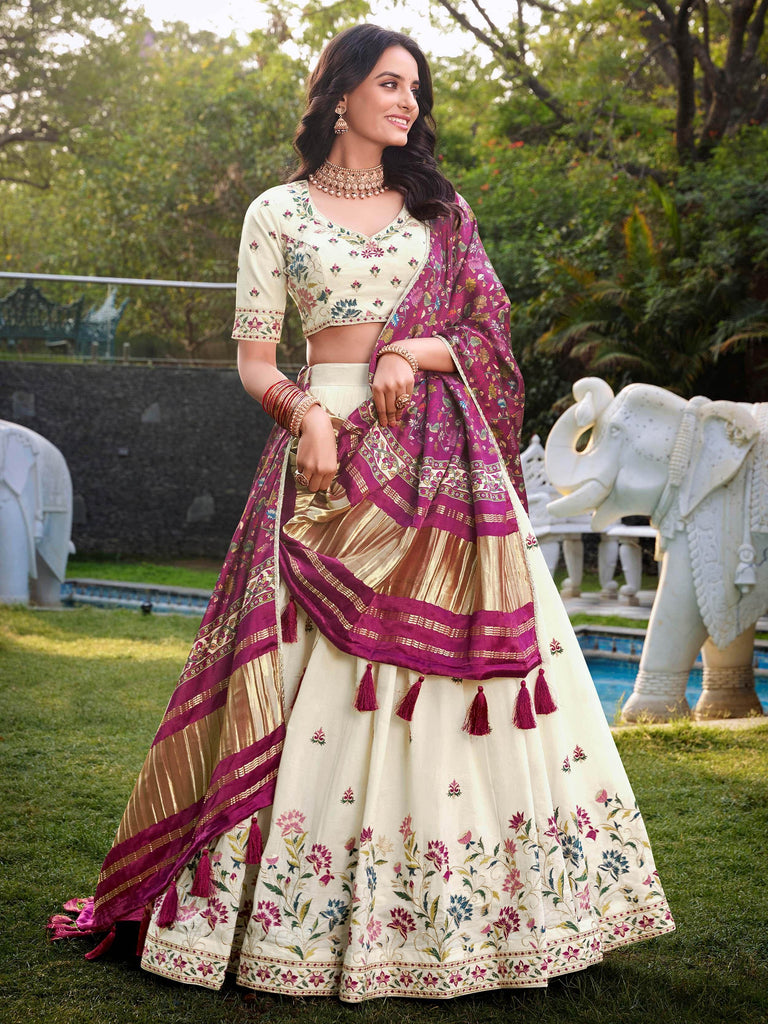 Tantalizing Cream Sequins Embroidered Lehenga Choli With Dupatta