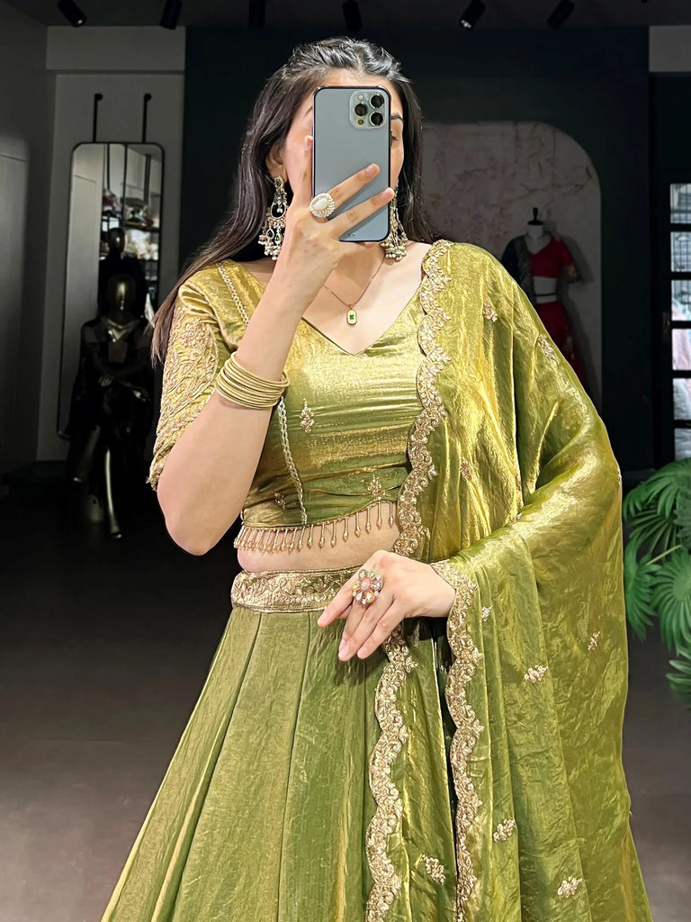 Mesmerizing Green Organza Mehendi Wear Lehenga Choli With Dupatta