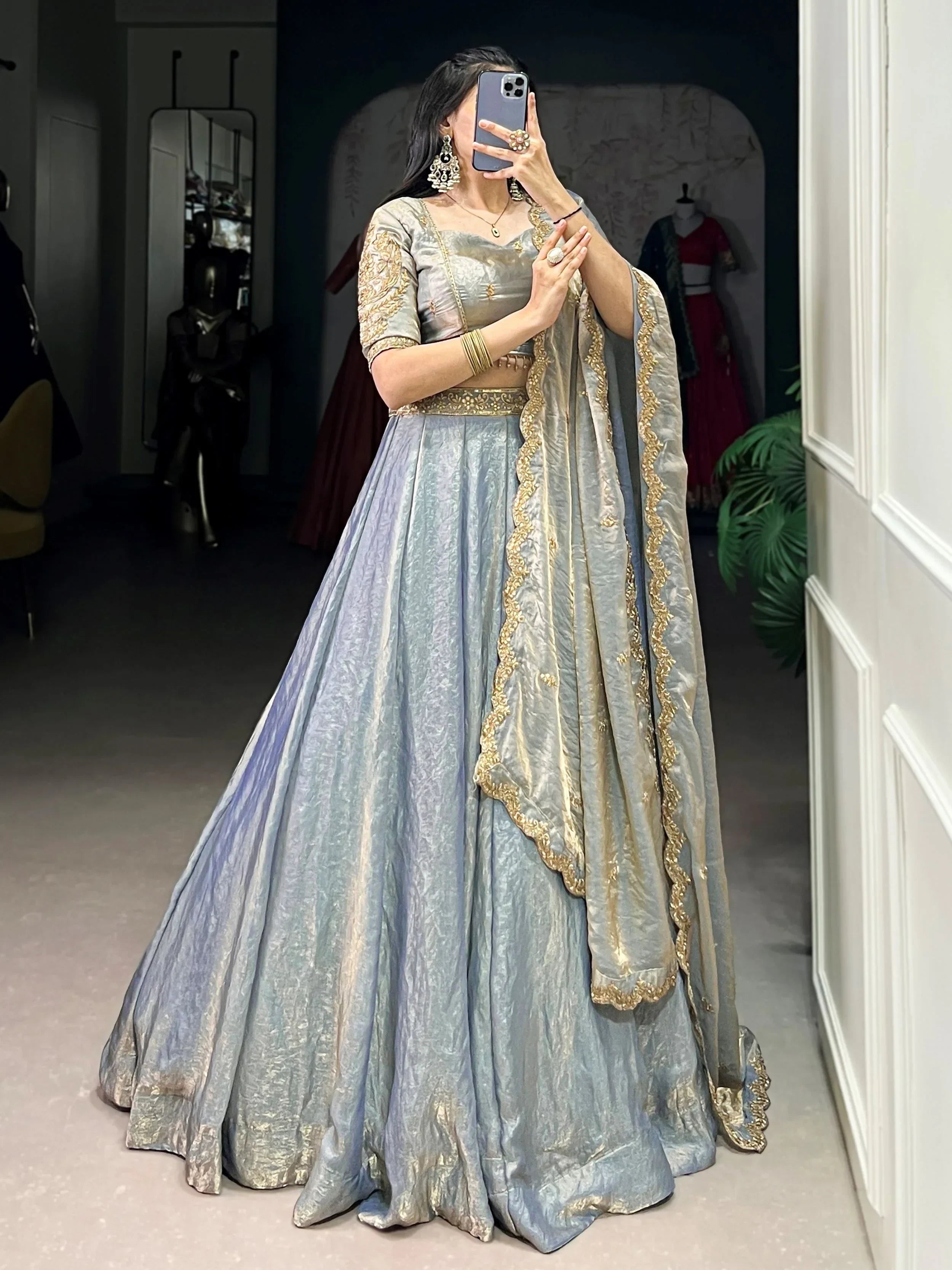 Artistic Sky Blue Thread Embroidered Organza Lehenga Choli