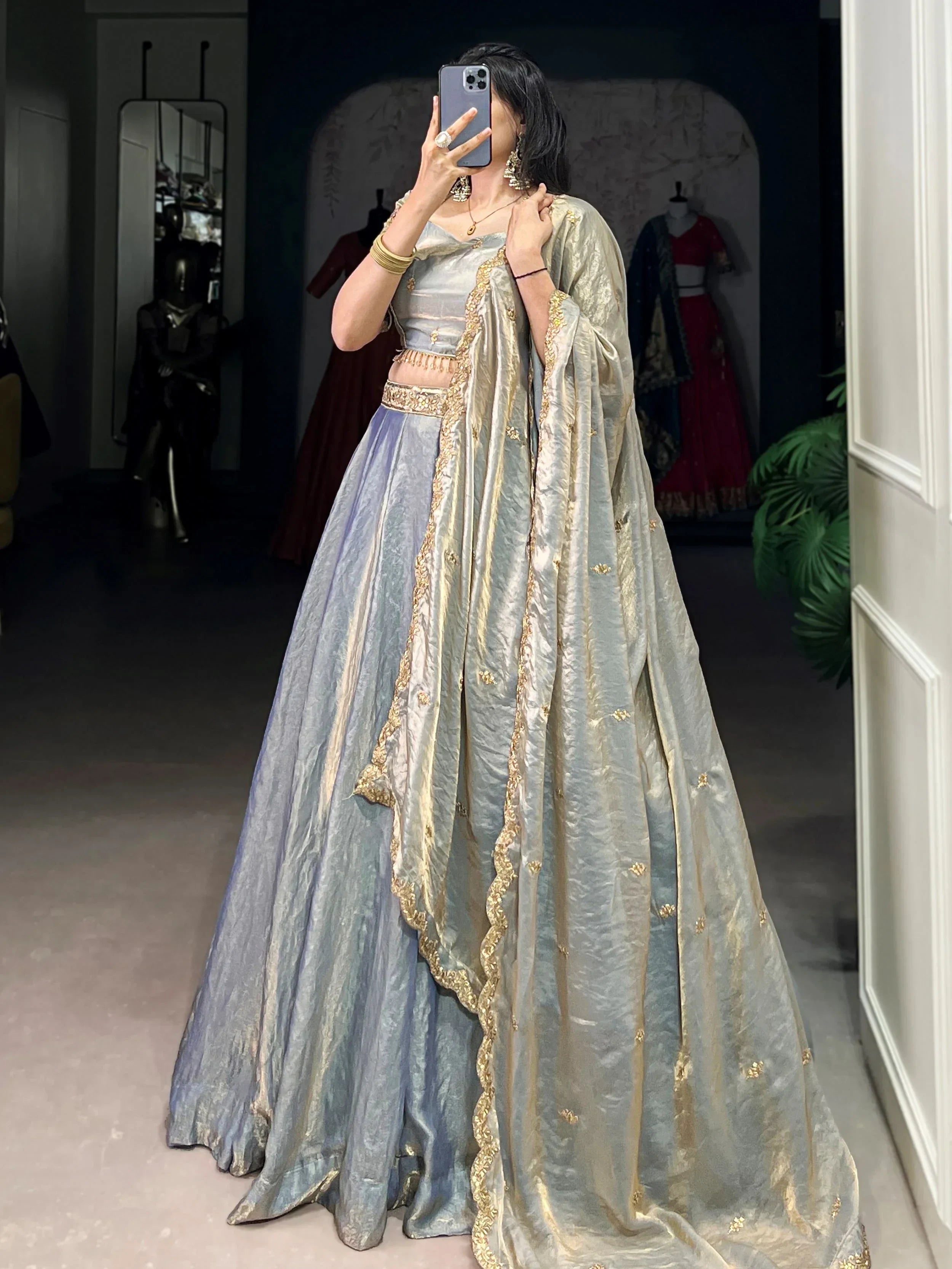 Artistic Sky Blue Thread Embroidered Organza Lehenga Choli
