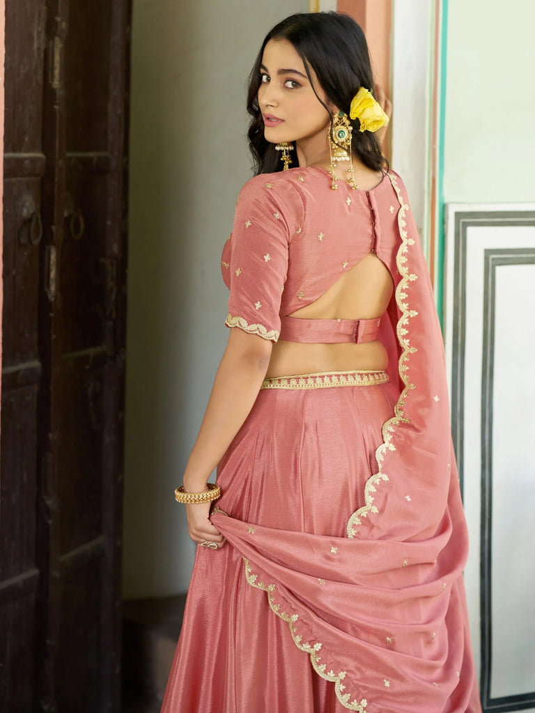 Graceful Peach Sequins Chinon Event Wear Lehenga With Blouse