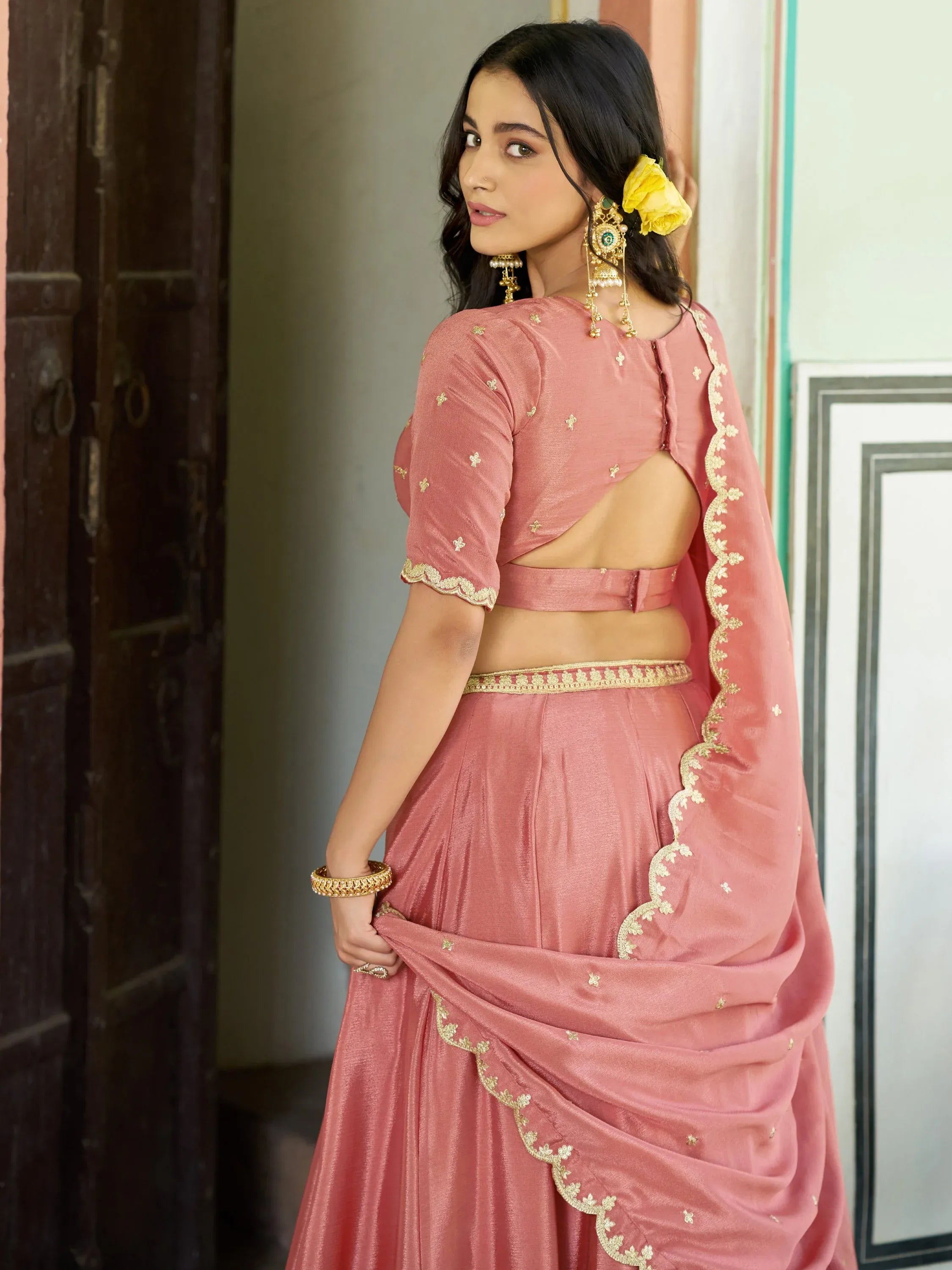 Graceful Peach Sequins Chinon Event Wear Lehenga With Blouse