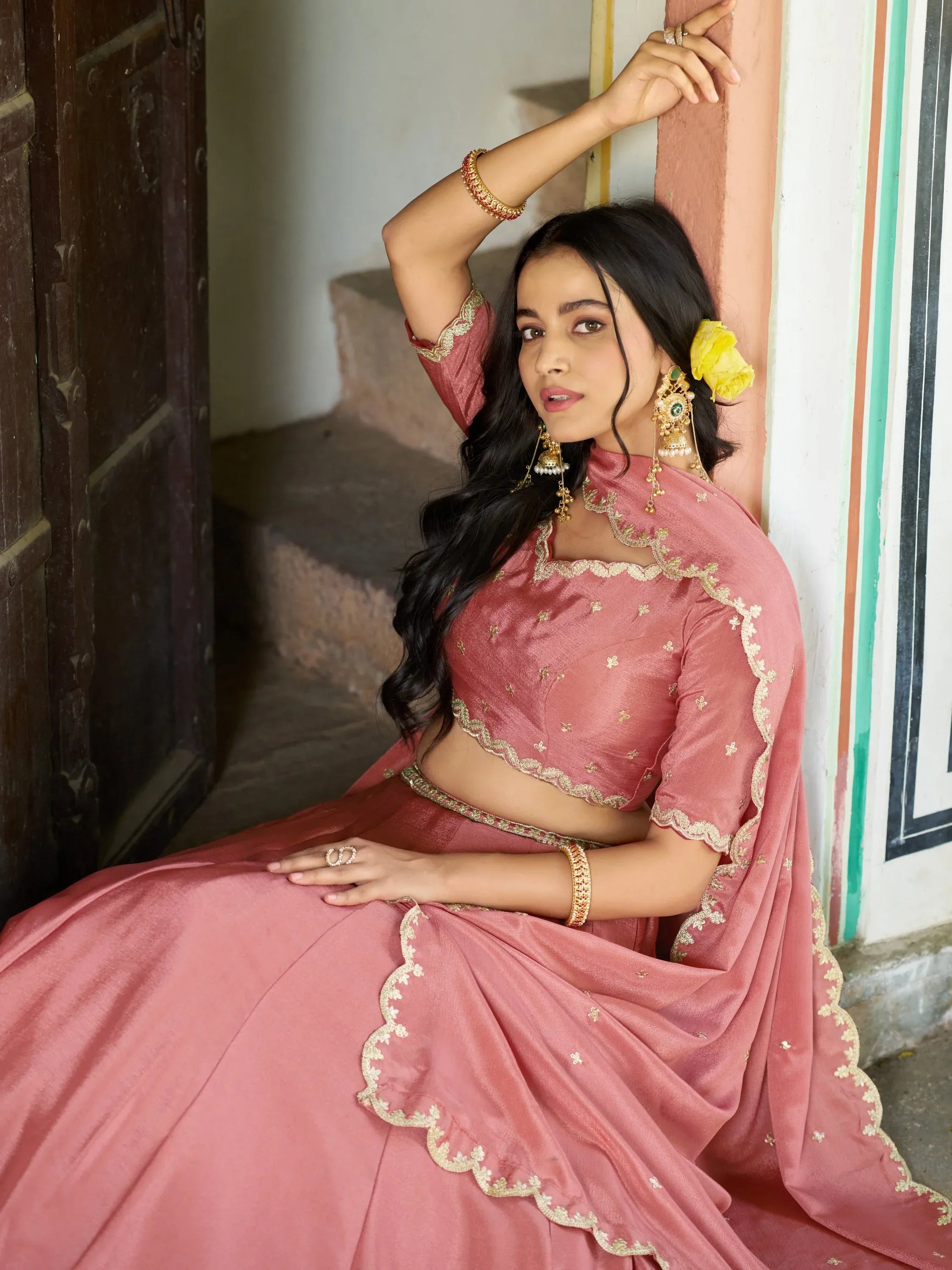 Graceful Peach Sequins Chinon Event Wear Lehenga With Blouse