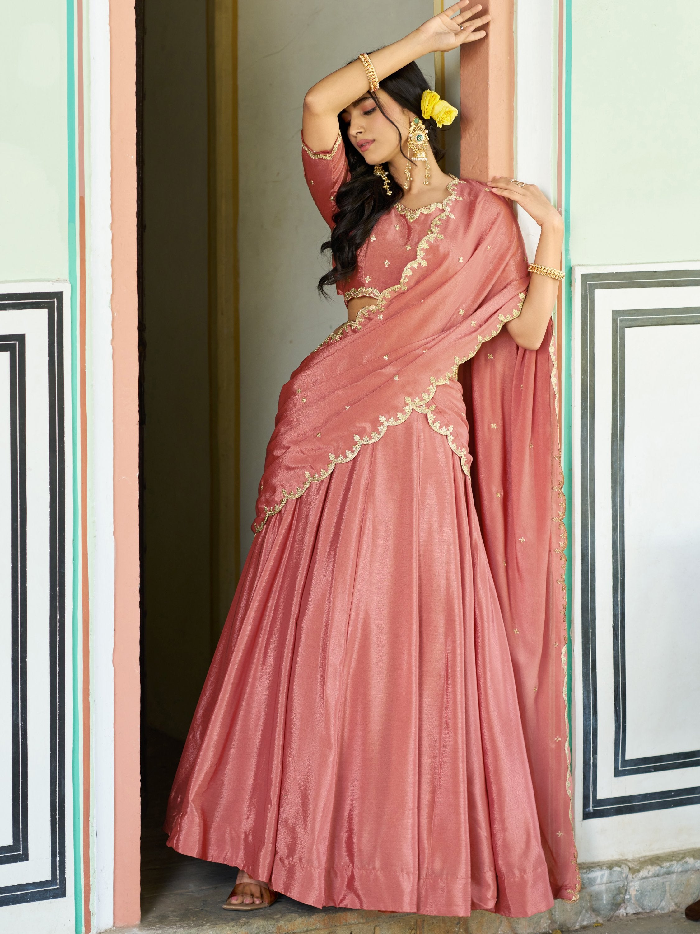 Graceful Peach Sequins Chinon Event Wear Lehenga With Blouse