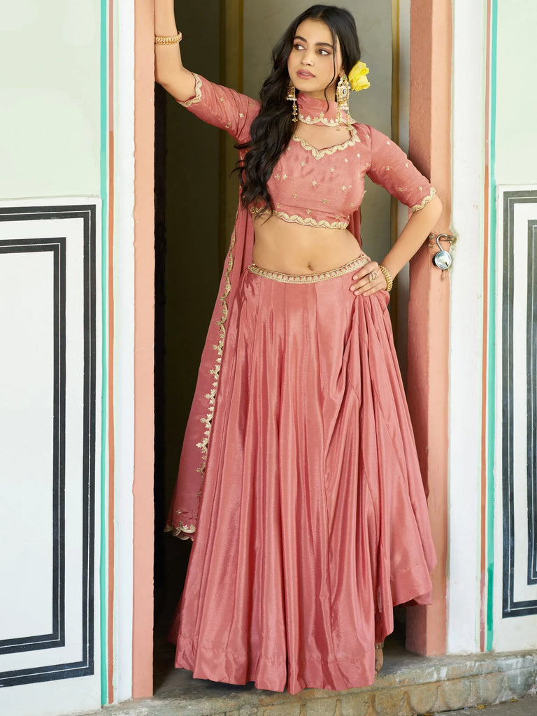 Graceful Peach Sequins Chinon Event Wear Lehenga With Blouse