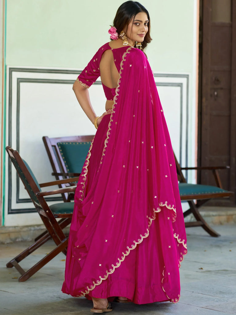 Pretty Pink Sequins Chinon Engagement Wear Lehenga Choli With Dupatta