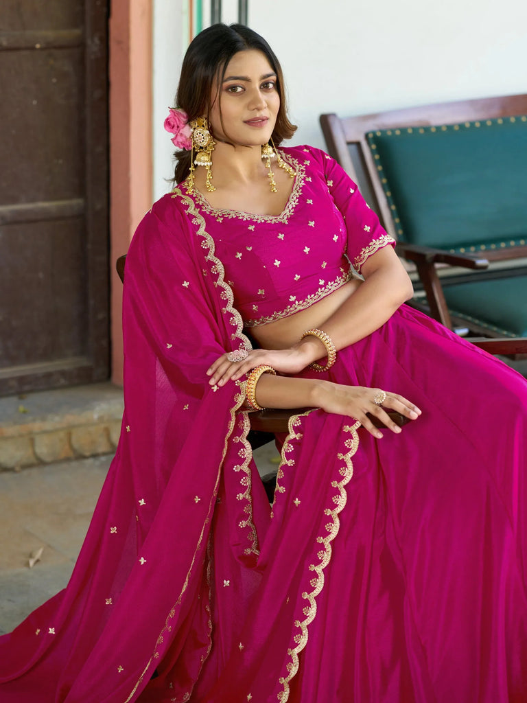 Pretty Pink Sequins Chinon Engagement Wear Lehenga Choli With Dupatta