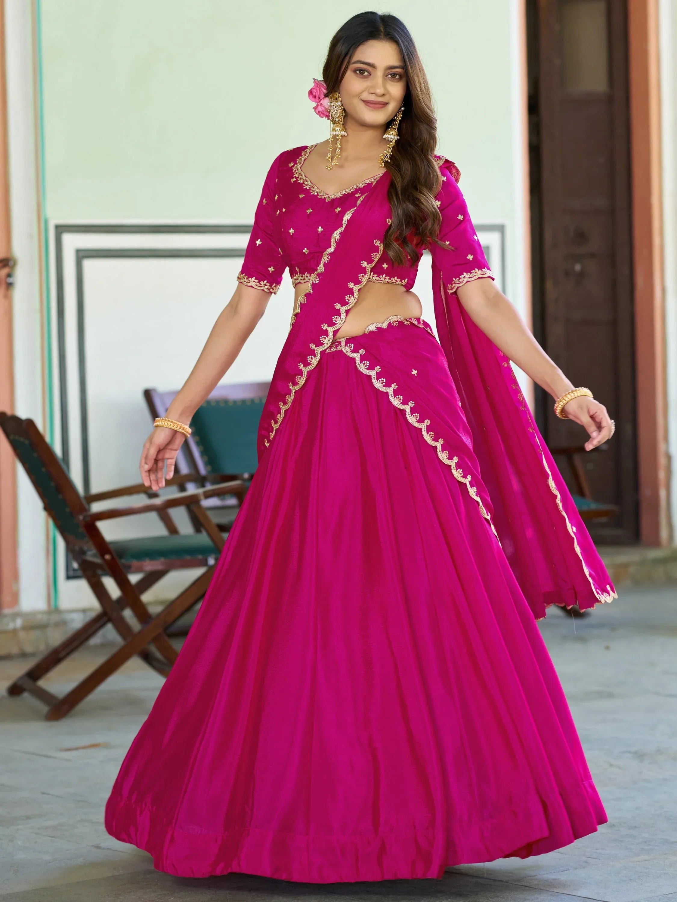 Pretty Pink Sequins Chinon Engagement Wear Lehenga Choli With Dupatta