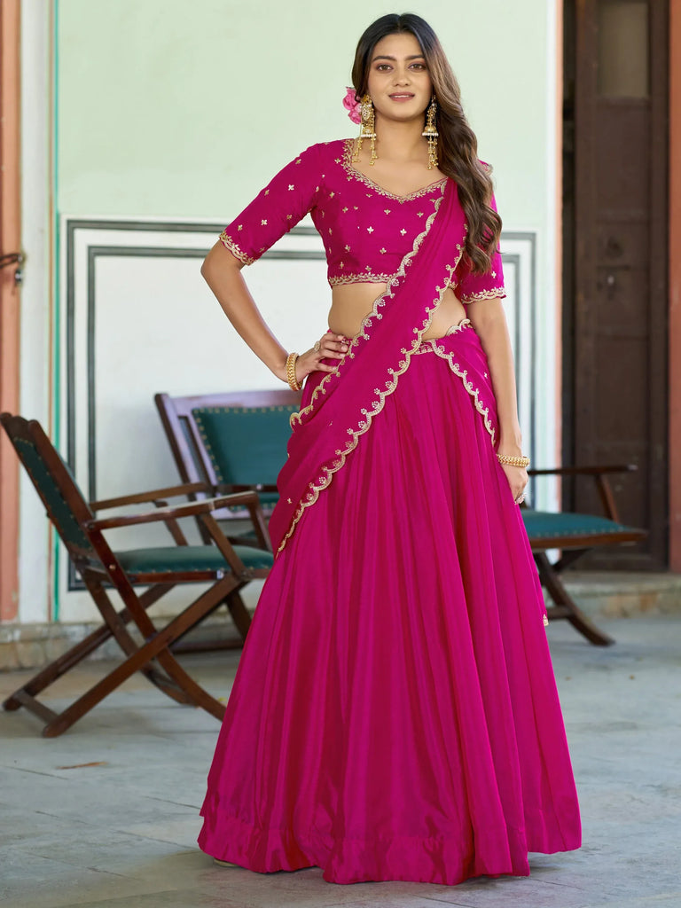 Pretty Pink Sequins Chinon Engagement Wear Lehenga Choli With Dupatta