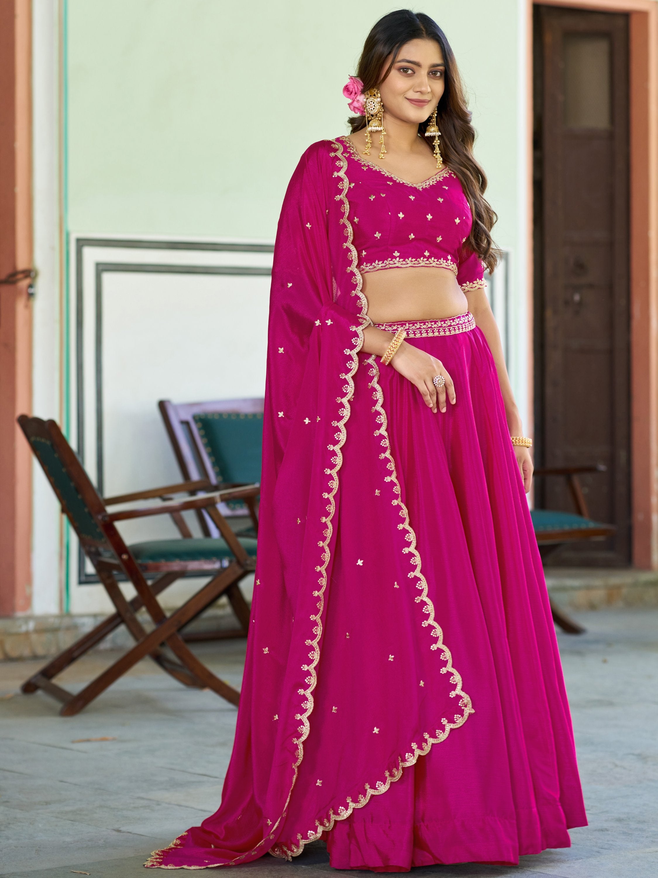 Pretty Pink Sequins Chinon Engagement Wear Lehenga Choli With Dupatta