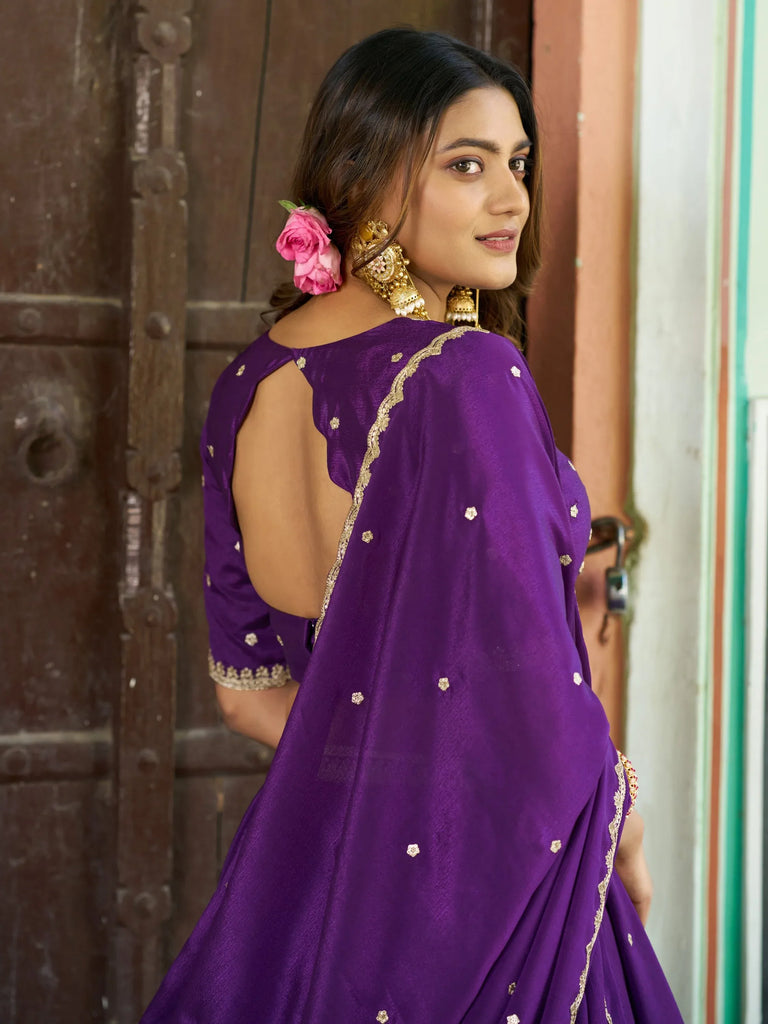 Stylish Purple Chinon Festive Wear Lehenga With Thread Work Blouse