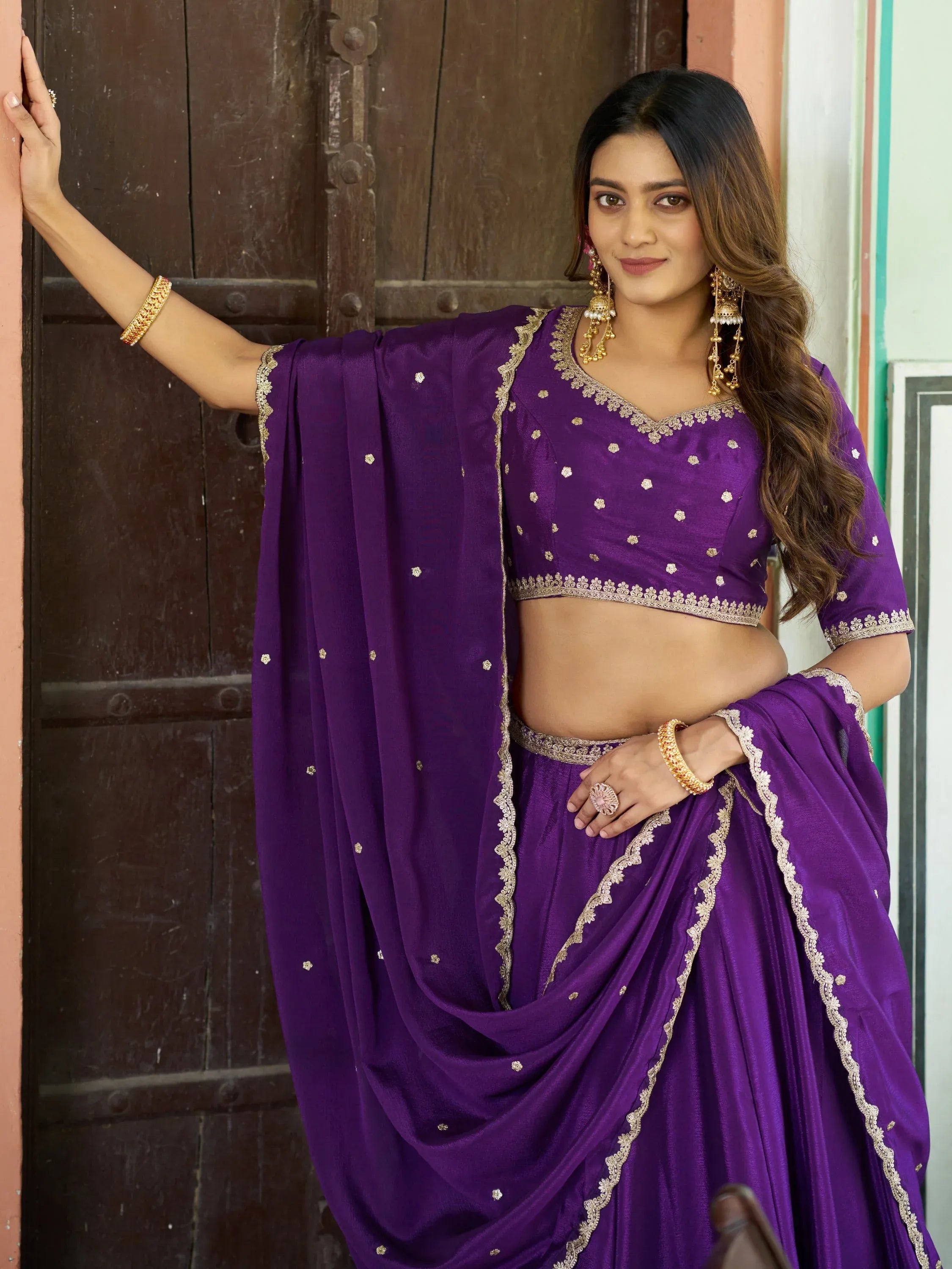 Stylish Purple Chinon Festive Wear Lehenga With Thread Work Blouse