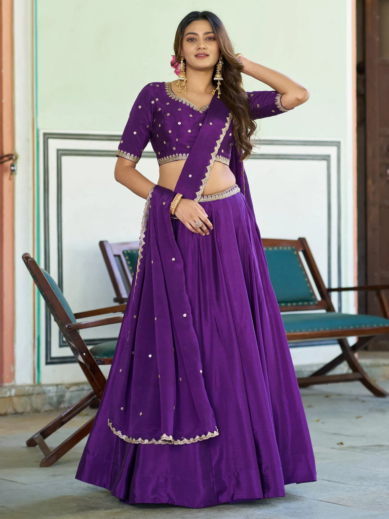 Stylish Purple Chinon Festive Wear Lehenga With Thread Work Blouse