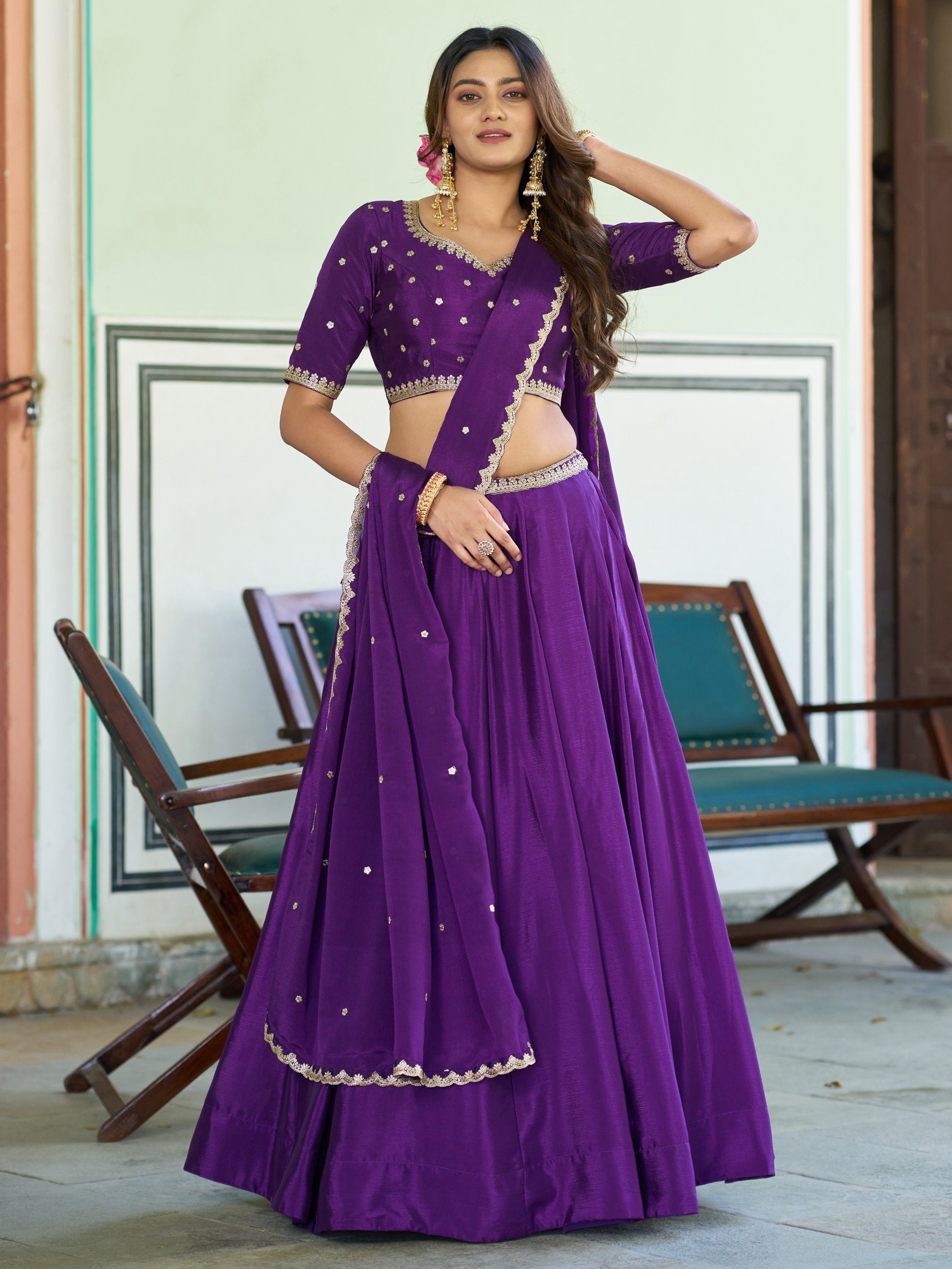 Stylish Purple Chinon Festive Wear Lehenga With Thread Work Blouse