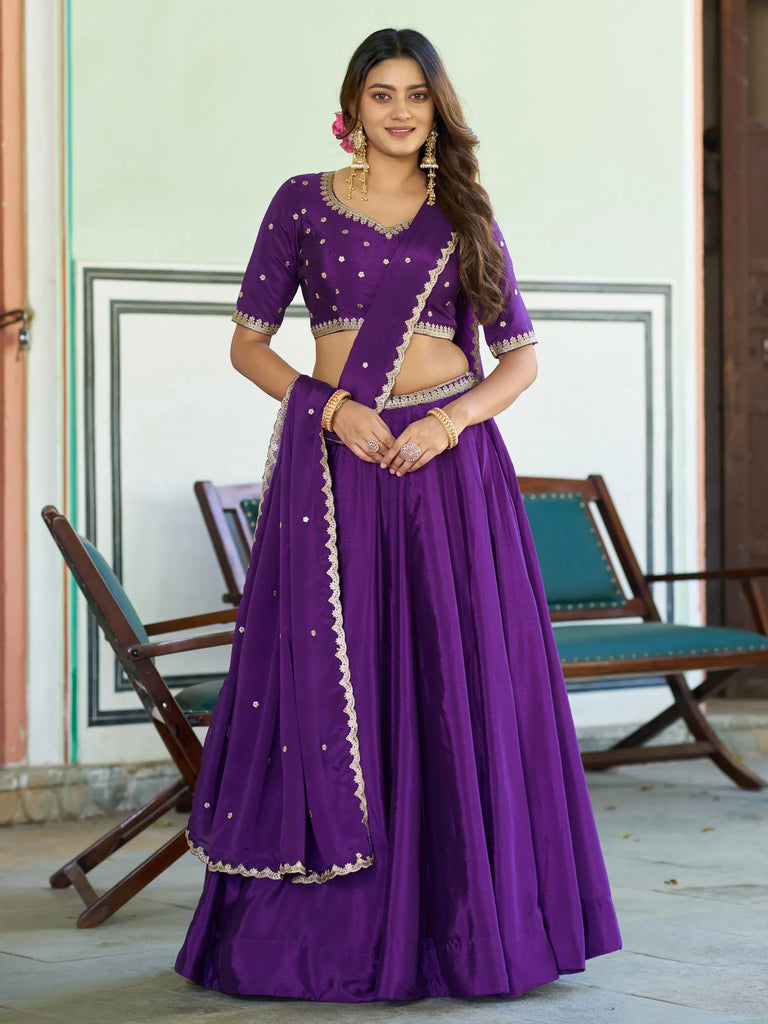 Stylish Purple Chinon Festive Wear Lehenga With Thread Work Blouse