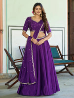 Stylish Purple Chinon Festive Wear Lehenga With Thread Work Blouse