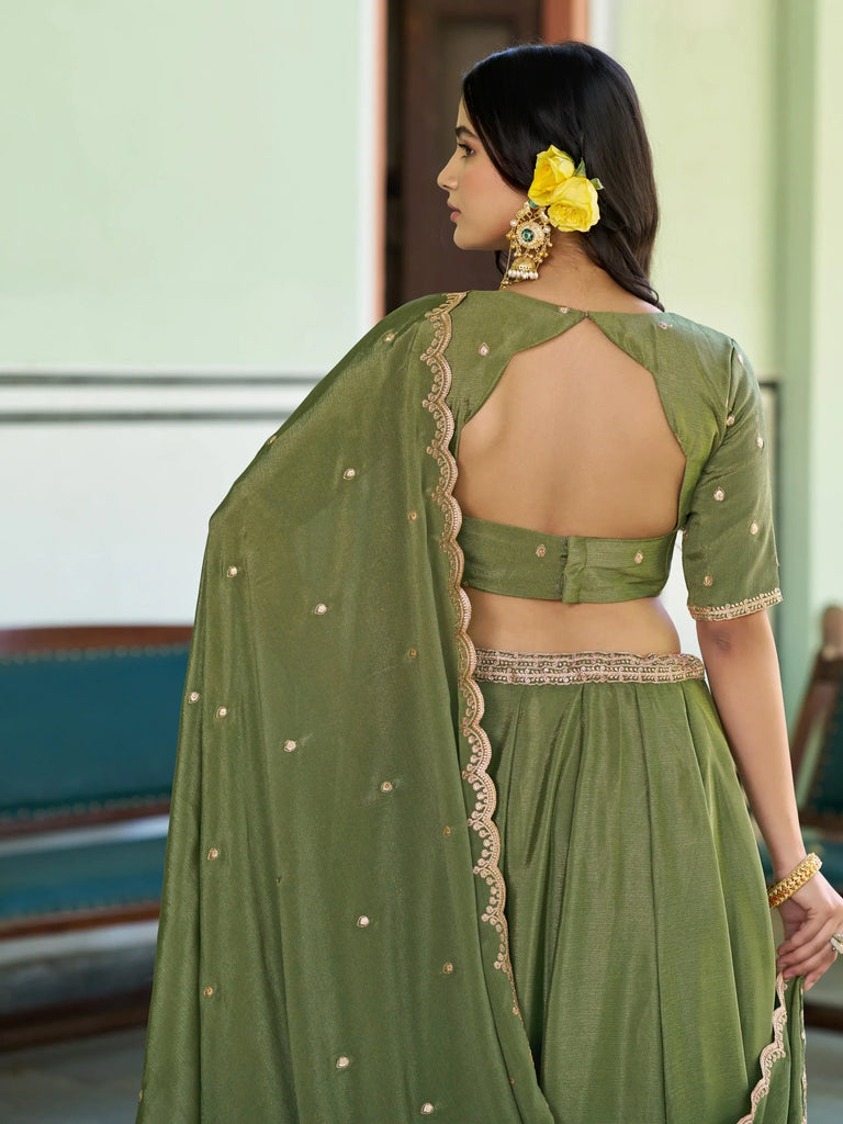 Charming Pista Green Chinon Mehendi Wear Lehenga Choli With Dupatta