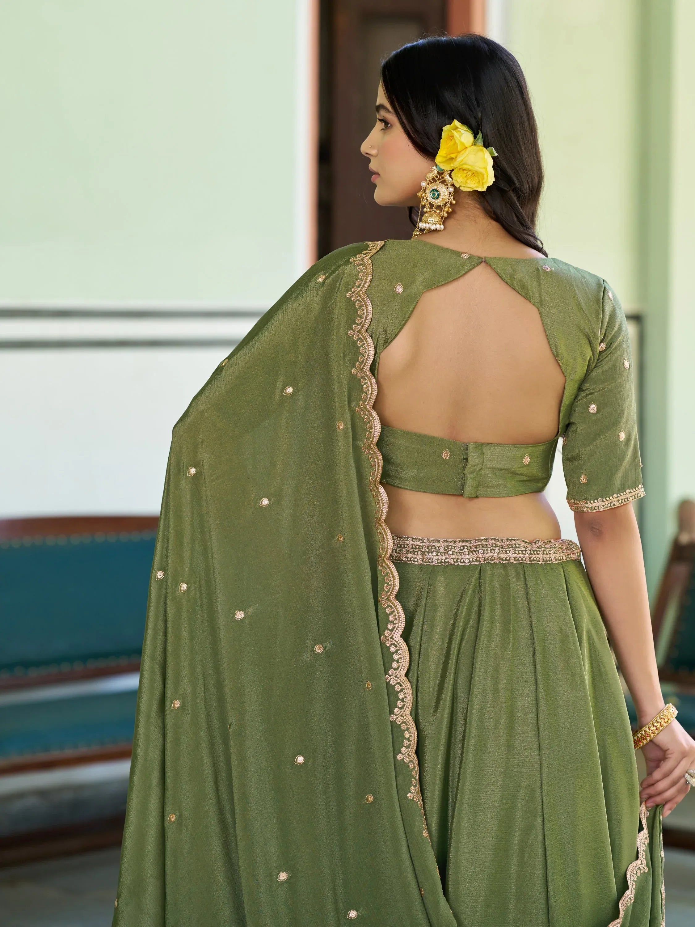 Charming Pista Green Chinon Mehendi Wear Lehenga Choli With Dupatta