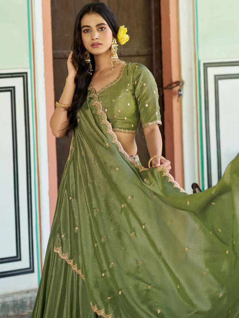 Charming Pista Green Chinon Mehendi Wear Lehenga Choli With Dupatta