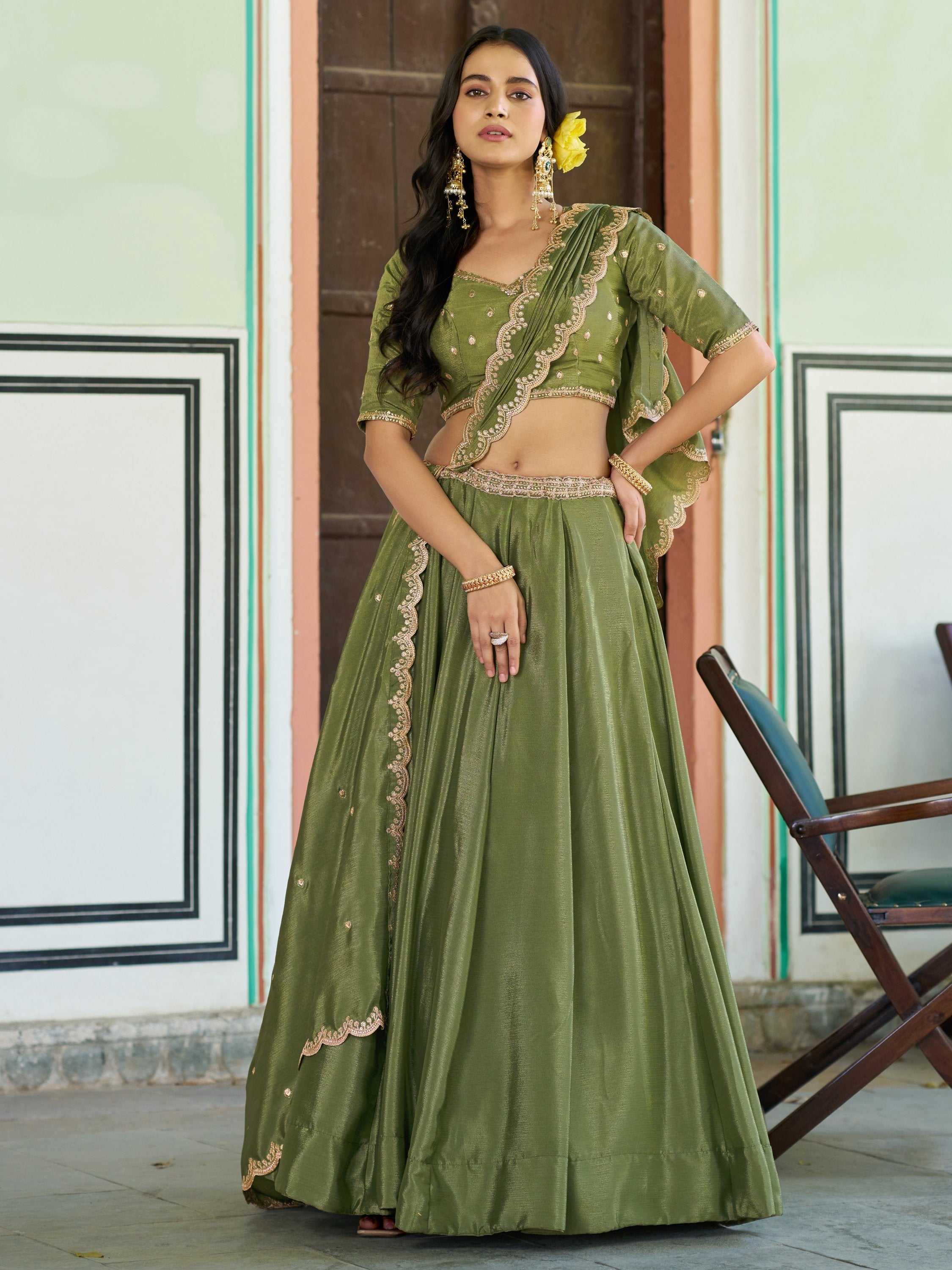 Charming Pista Green Chinon Mehendi Wear Lehenga Choli With Dupatta