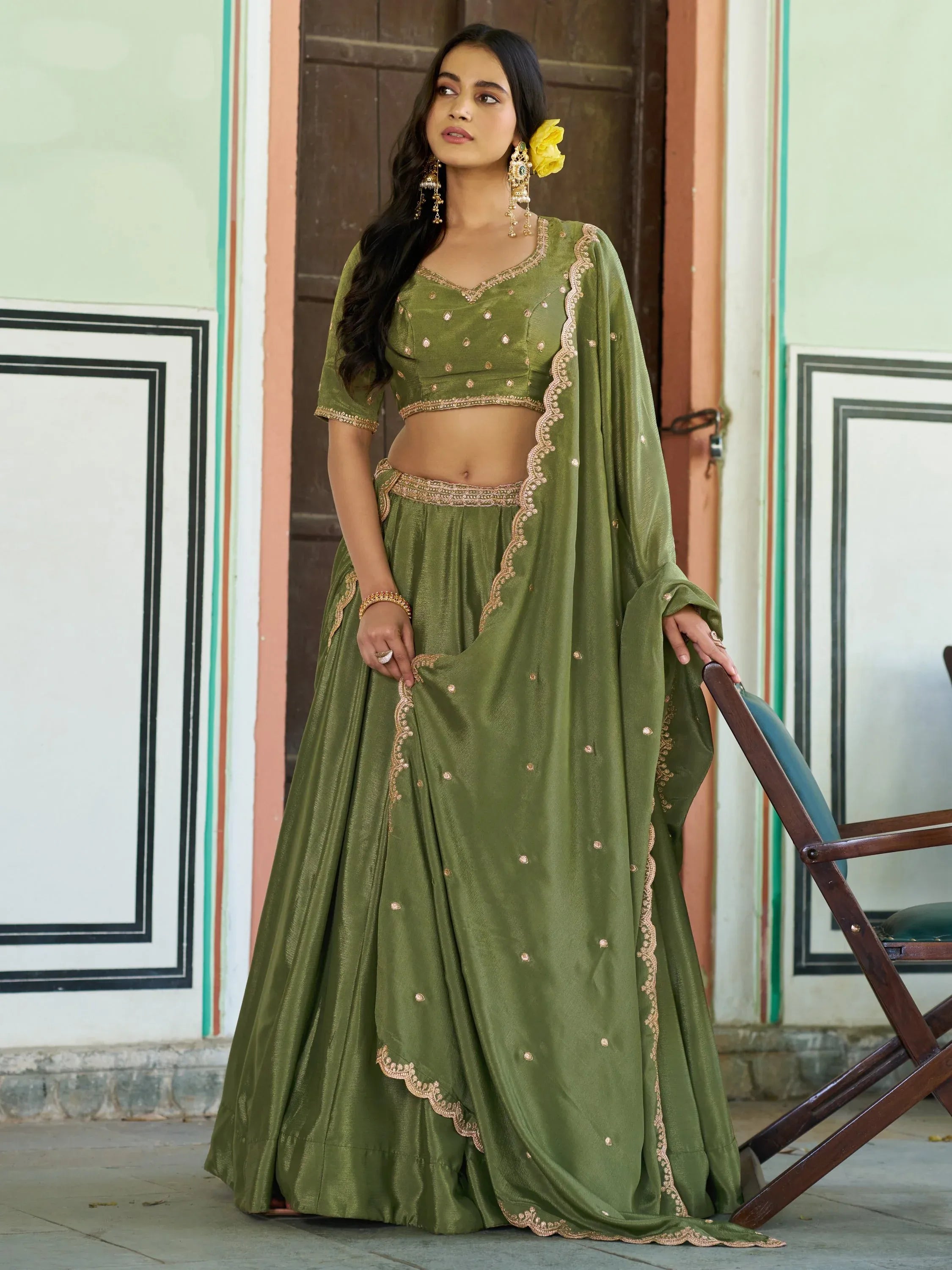 Charming Pista Green Chinon Mehendi Wear Lehenga Choli With Dupatta