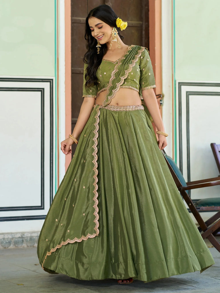 Charming Pista Green Chinon Mehendi Wear Lehenga Choli With Dupatta