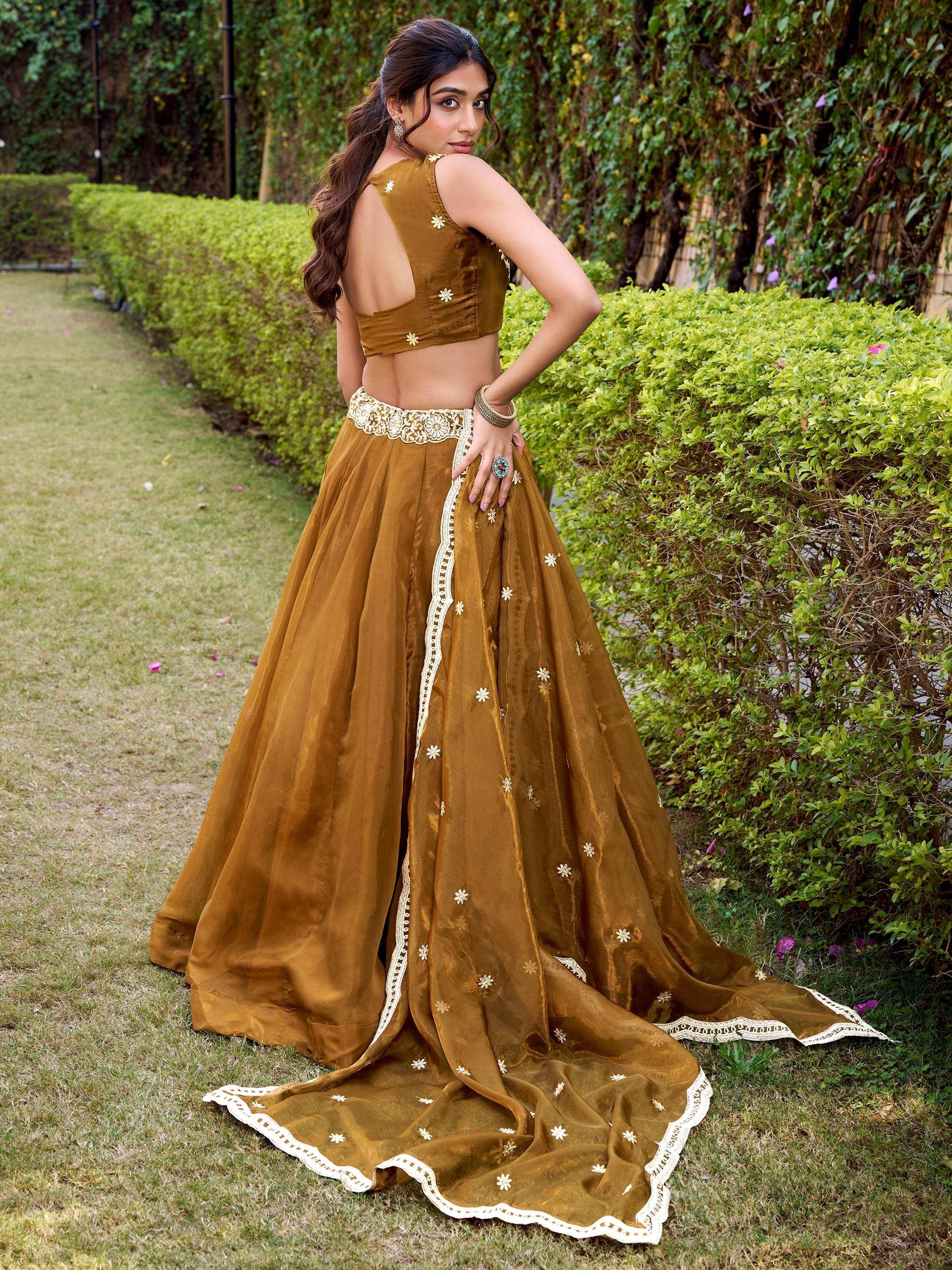 Enchanting Brown Embroidered Silk Function Wear Lehenga Choli