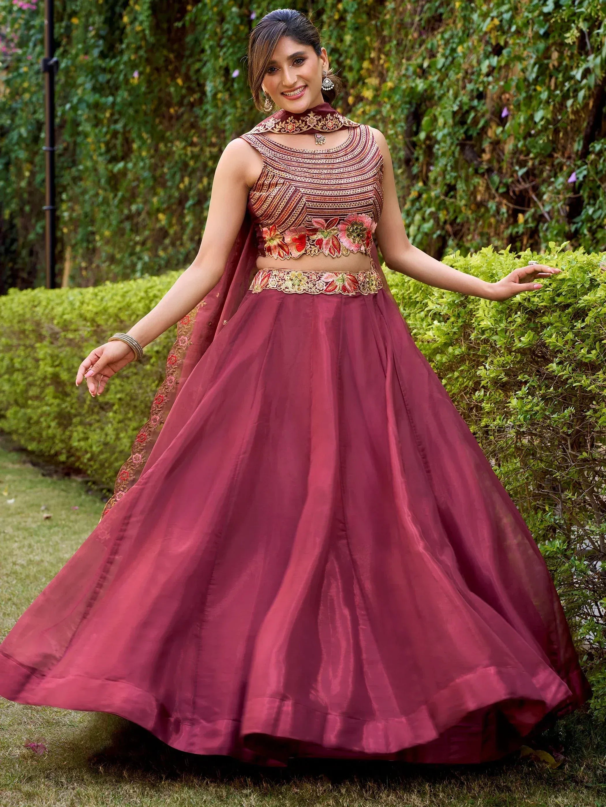 Outstanding Maroon Embroidered Silk Sangeet Wear Lehenga Choli
