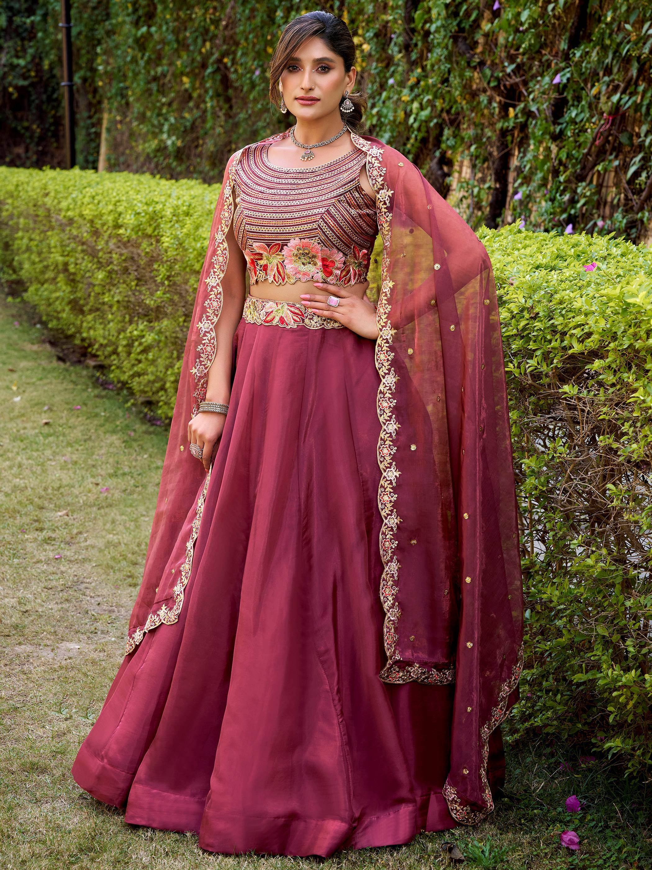 Outstanding Maroon Embroidered Silk Sangeet Wear Lehenga Choli
